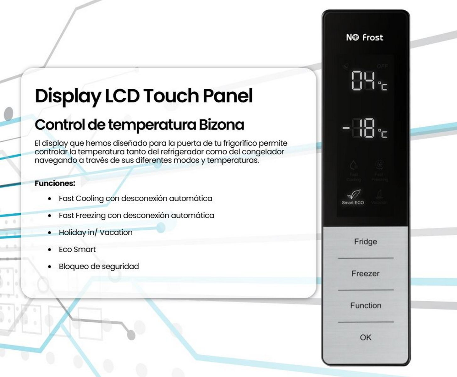 Panel de control del refrigerador con pantalla de temperatura y botones.