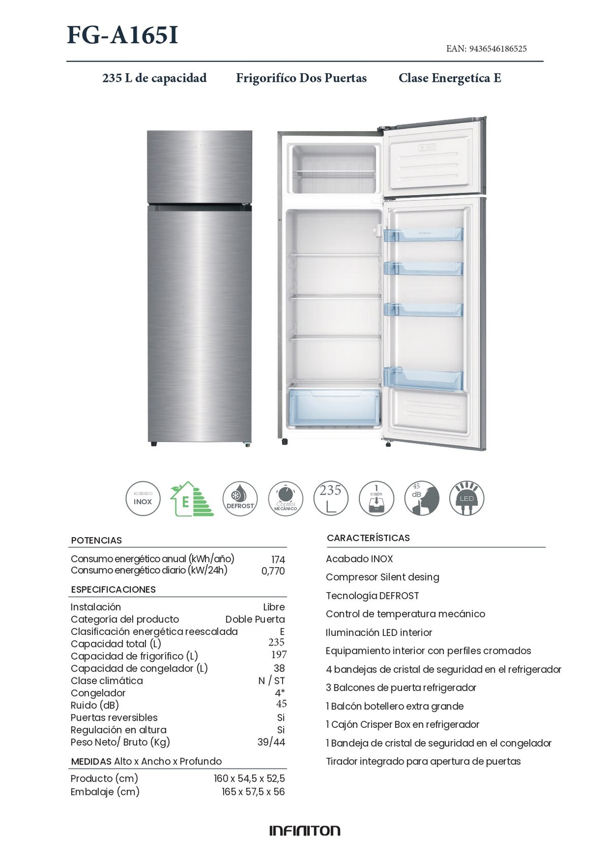 Refrigerador con especificaciones y vista del interior. Fondo blanco.