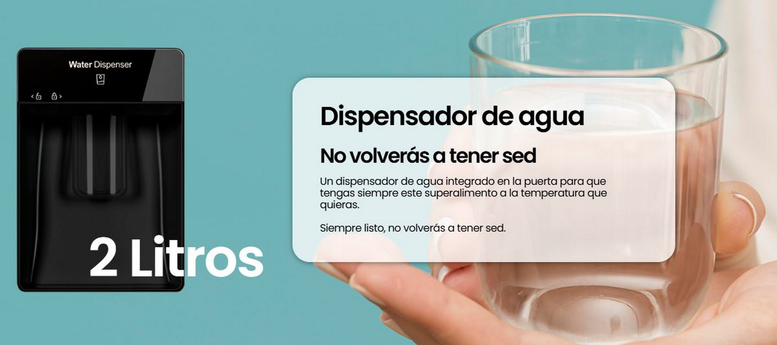 Un dispensador de agua negro junto a un vaso lleno de agua. Una burbuja de texto explica la función del dispensador.