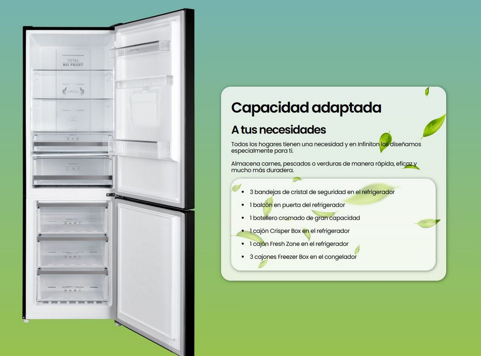 Nevera abierta mostrando estantes, cajones y un cuadro de texto con detalles del producto, fondo verde.