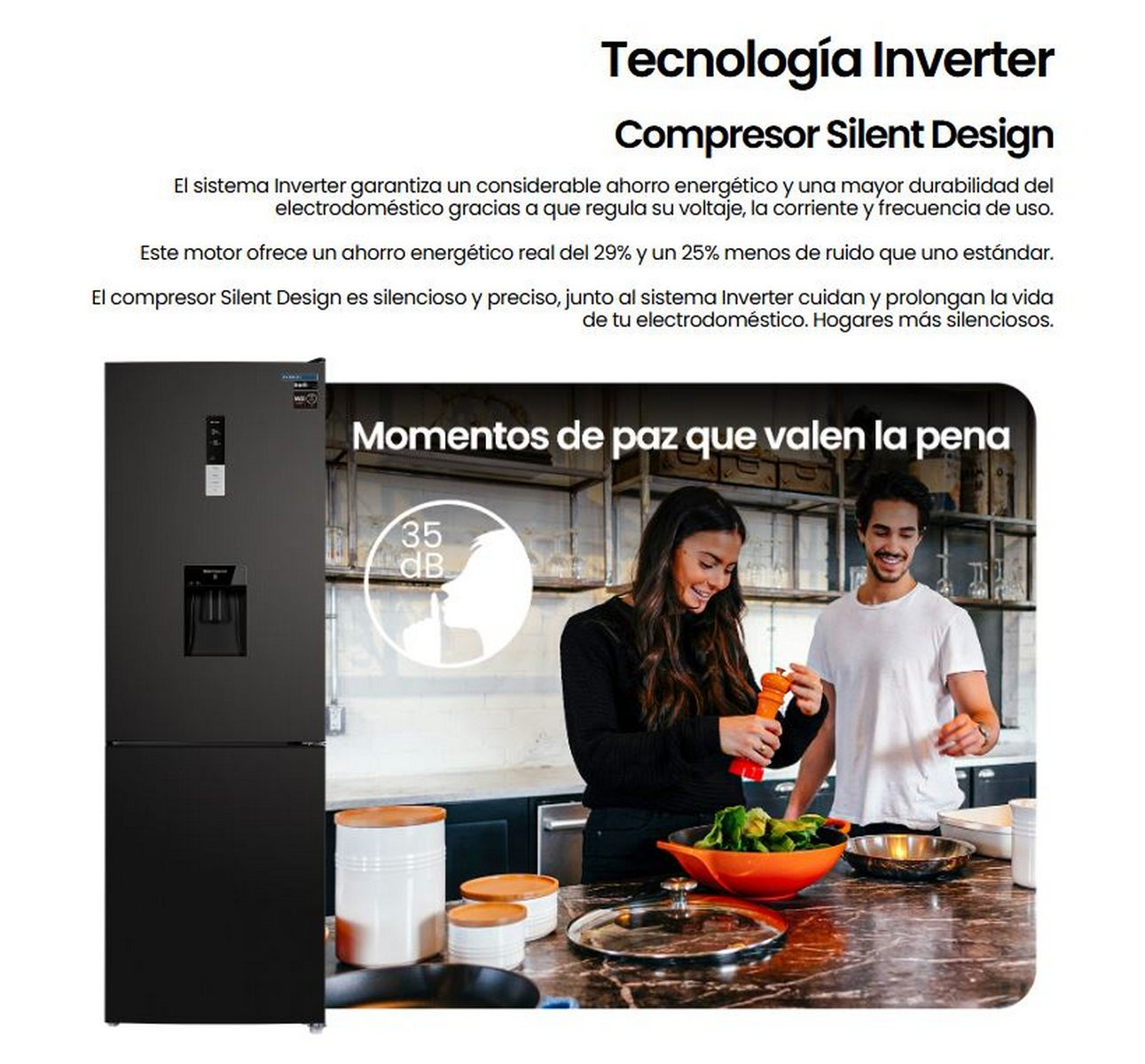 Refrigerador negro con mujer y hombre. Texto en español, 