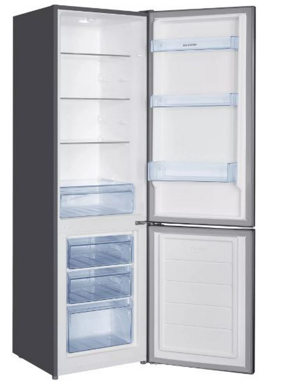 Un refrigerador con dos puertas abiertas que revelan estantes, cajones y el congelador.
