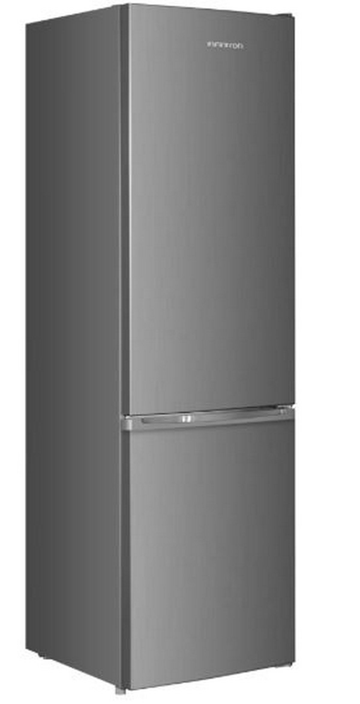 Un refrigerador gris con dos puertas, de pie sobre un fondo blanco.