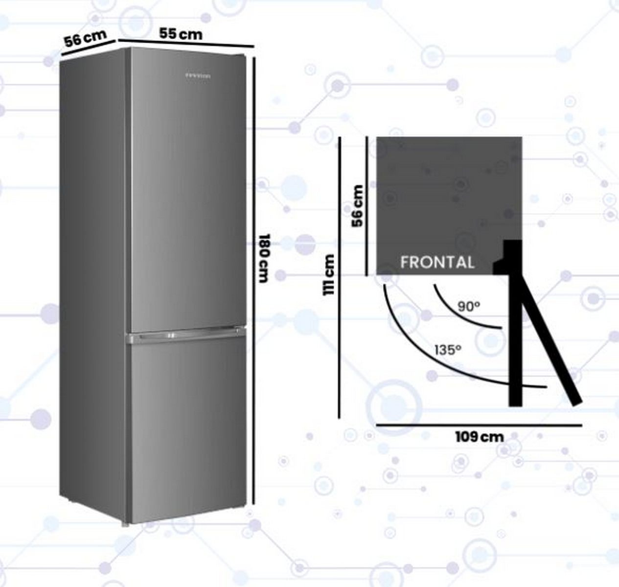 Refrigerador gris, dimensiones indicadas, diagramas frontal y lateral, fondo blanco.