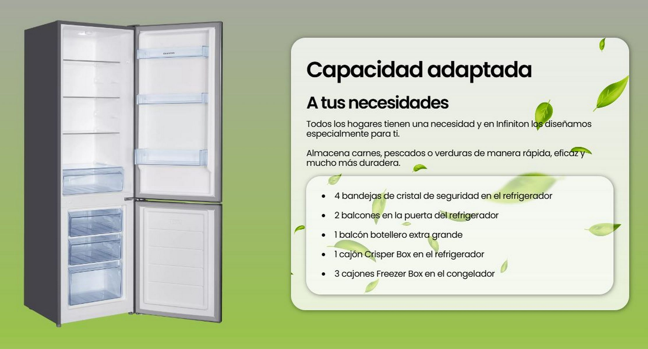 Refrigerador abierto con estantes e información a la derecha, texto y hojas.