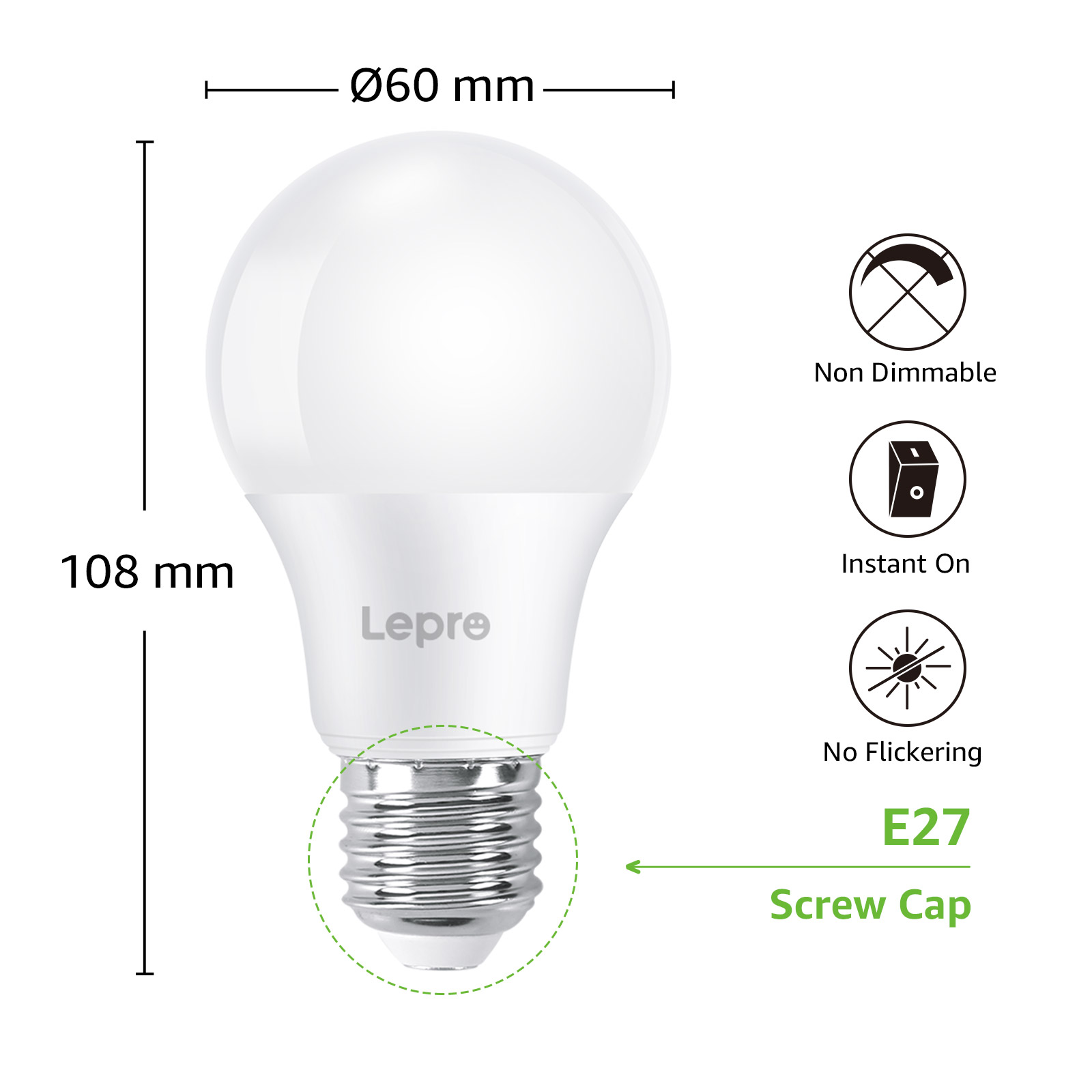 Una lampadina LED bianca con dimensioni e specifiche.