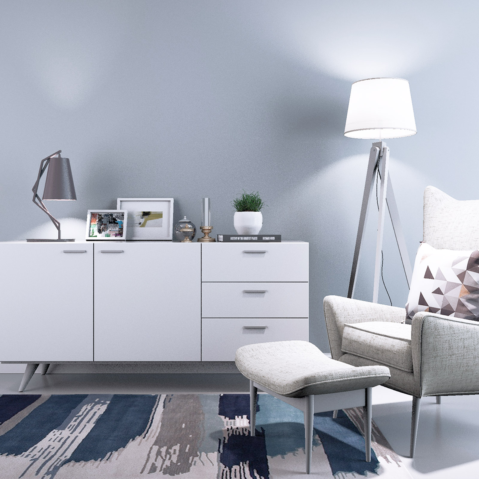 Una scena di soggiorno con un mobile bianco, una lampada e un tappeto colorato.