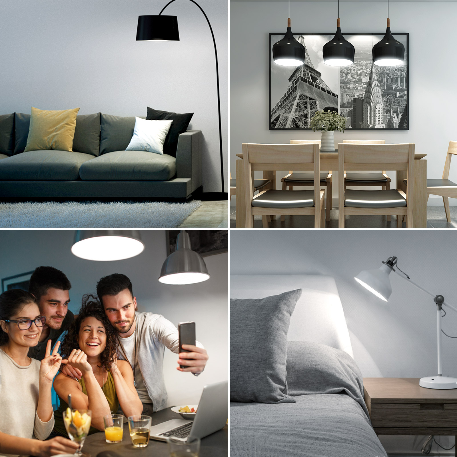 Quattro immagini: soggiorno con divano, sala da pranzo con luci, amici che fanno un selfie, camera da letto con lampada.