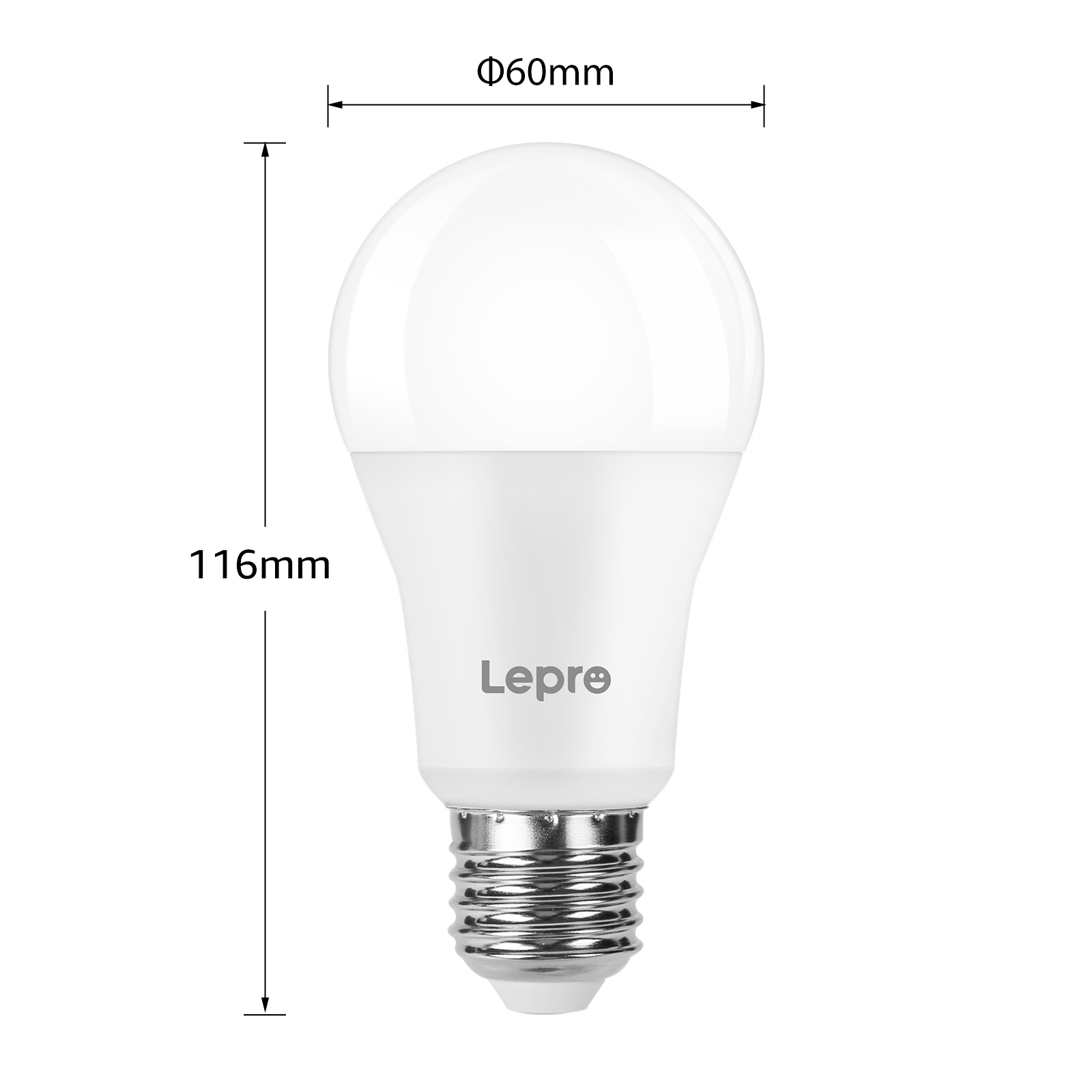 Weiße LED-Glühbirne mit Abmessungen: 116mm Länge, 60mm Durchmesser. 'Lepro' ist auf der Birne aufgedruckt.