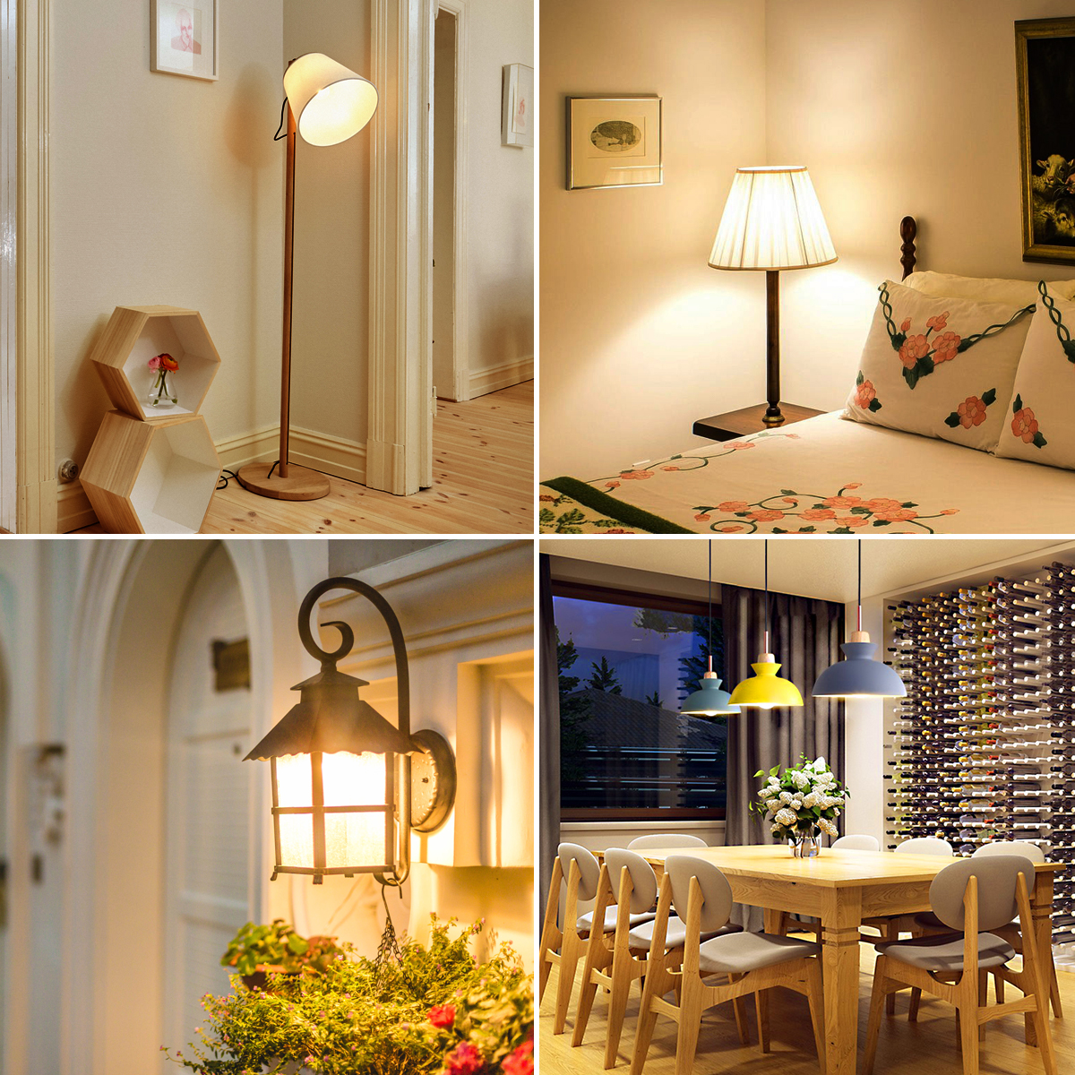 Vier Innenraumszenen mit Lampen: Stehlampe, Tischlampe, Wandlampe und Hängelampen.