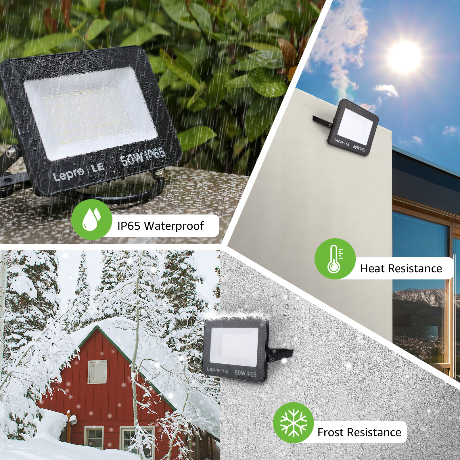 Schwarzer LED-Flutlichtstrahler im Regen, an einer Wand. Eigenschaften: wasserdicht, hitze- und frostbeständig.