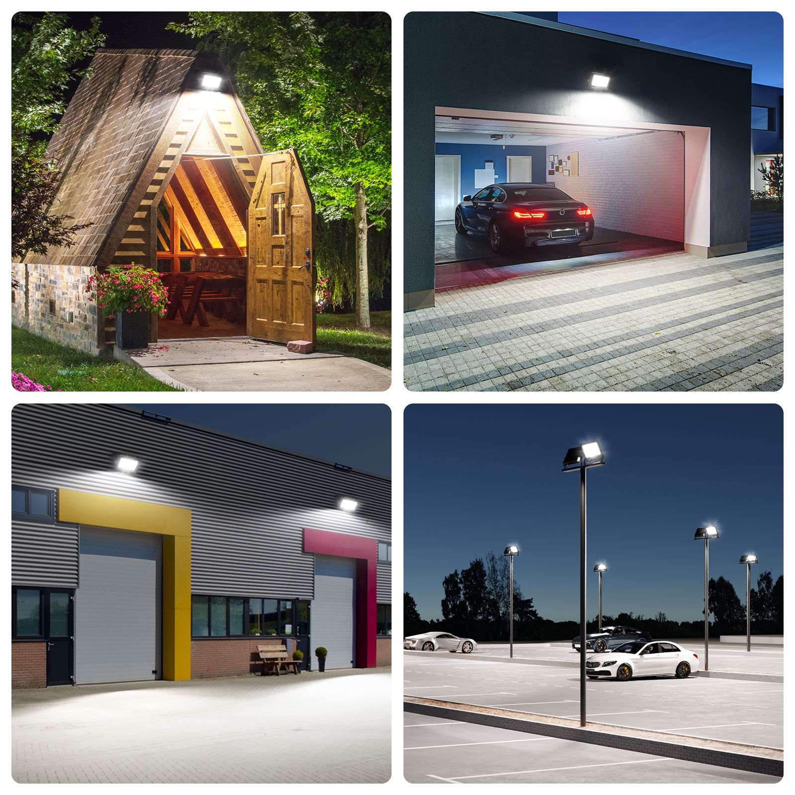 Vier Bilder von Außenbeleuchtungskörpern, die verschiedene Umgebungen wie ein Haus, eine Garage und einen Parkplatz beleuchten.