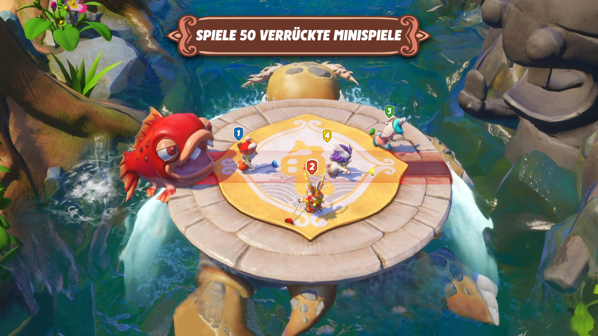 Cartoon-Szene: Spieler um einen Tisch auf dem Rücken einer Schildkröte, die Mini-Spiele im Wasser spielen.