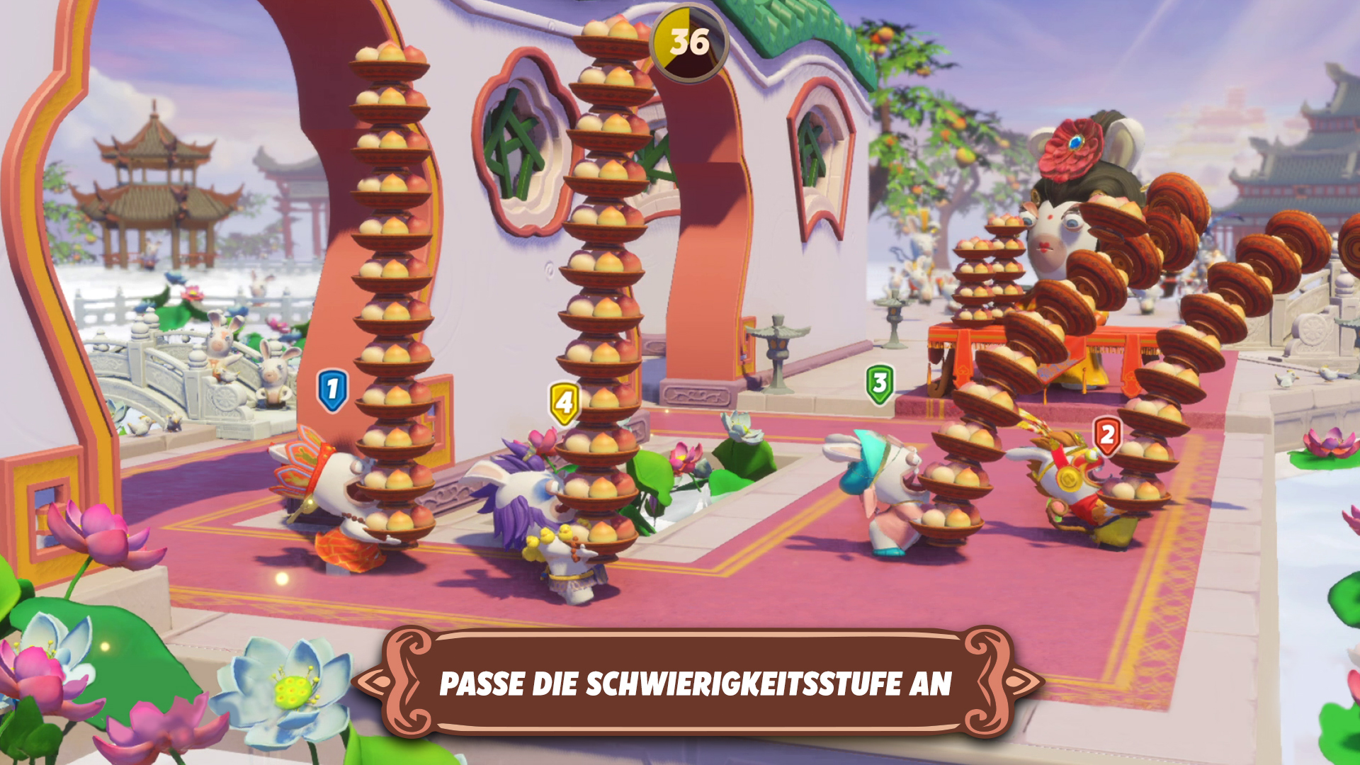 Spielszene mit Rabbids, die Eierstapel tragen, chinesische Architektur, rosa Umgebung.