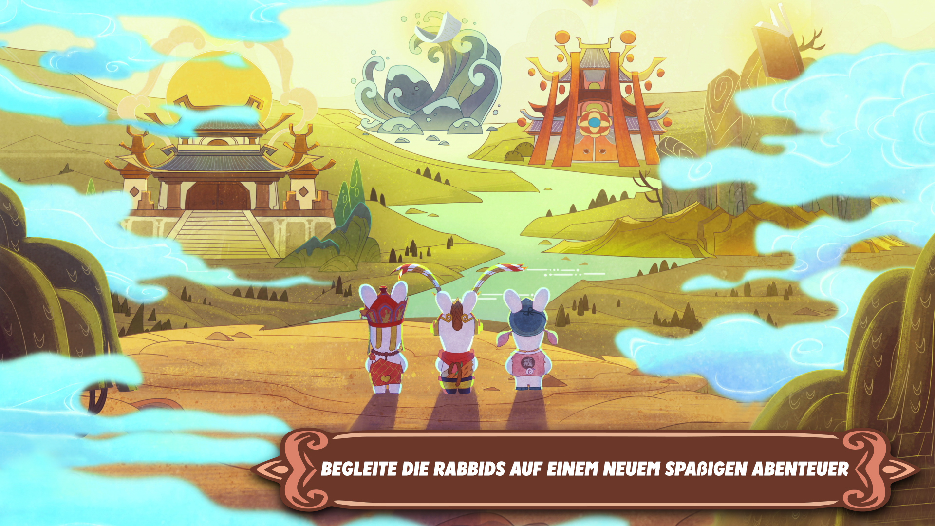 Drei Rabbids blicken auf asiatische Gebäude auf einem Berg mit Sonnenuntergang.