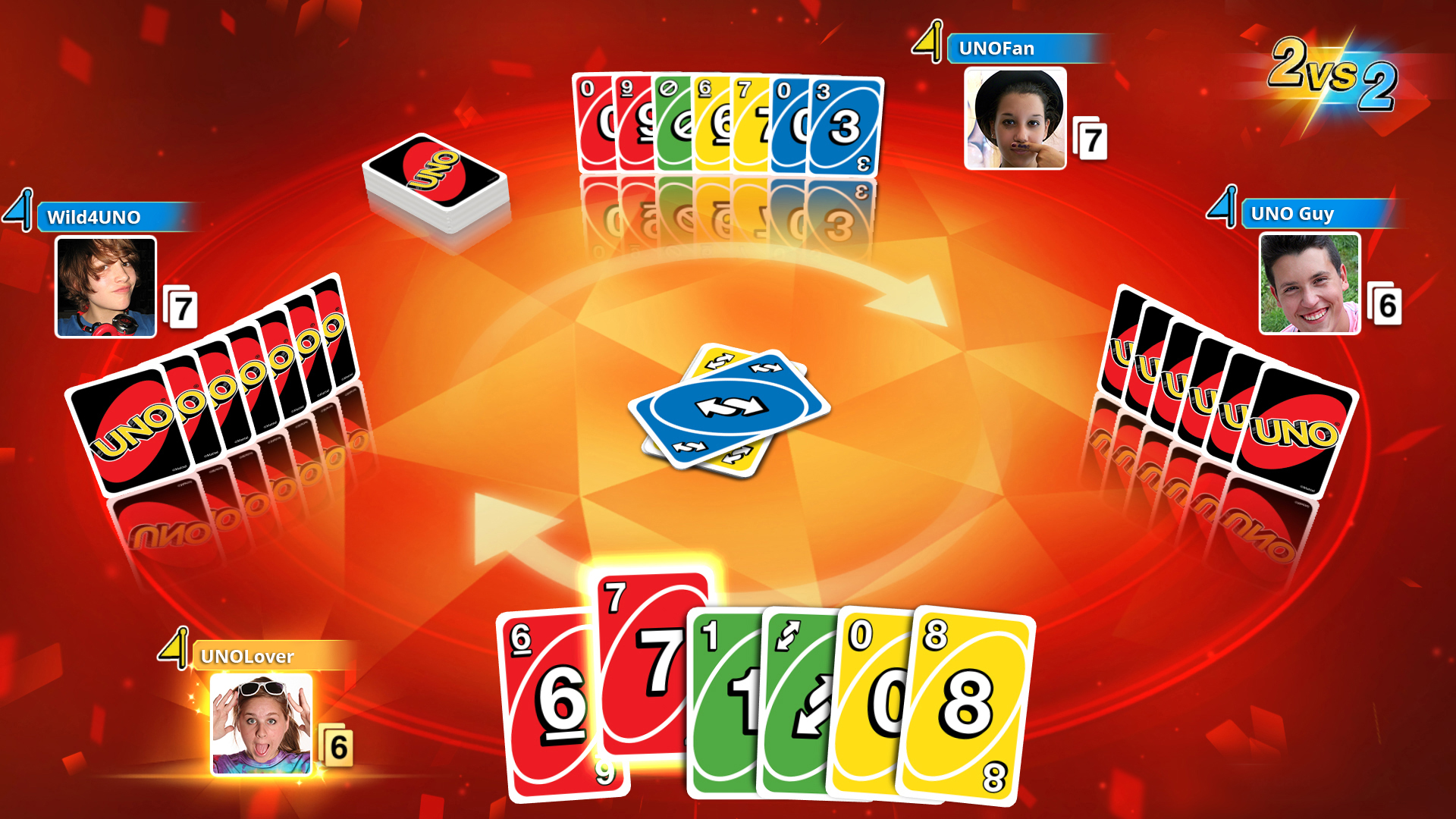 Uno-Spielszene. Vier Spieler mit Karten. Zentraler Kartenstapel. Roter Hintergrund mit Uno-Logo.