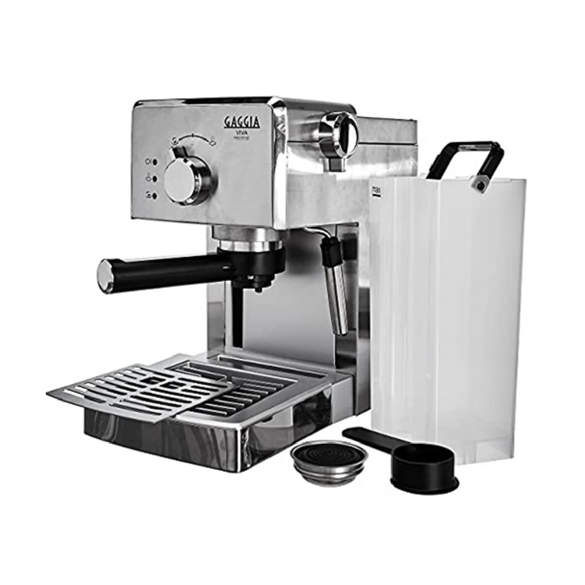 Máquina de espresso de acero inoxidable con accesorios sobre fondo blanco.