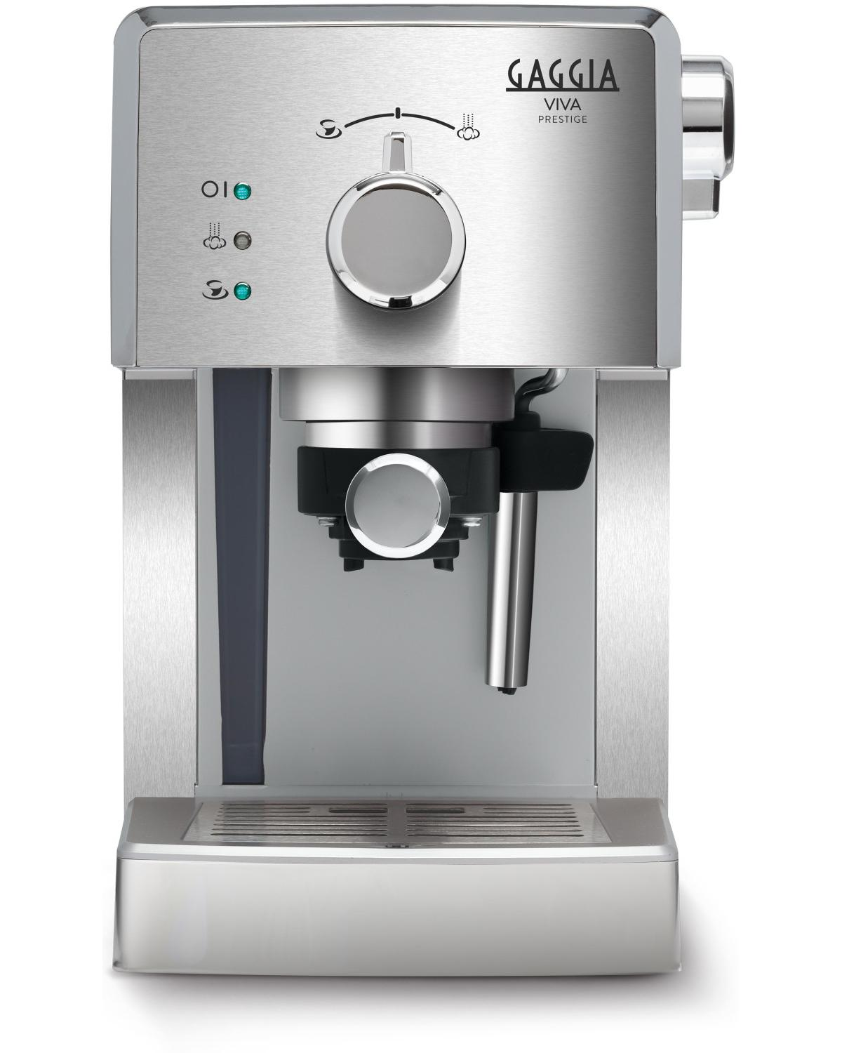 Una máquina de espresso Gaggia Viva Prestige plateada. La máquina tiene un diseño elegante con botones y un dial.