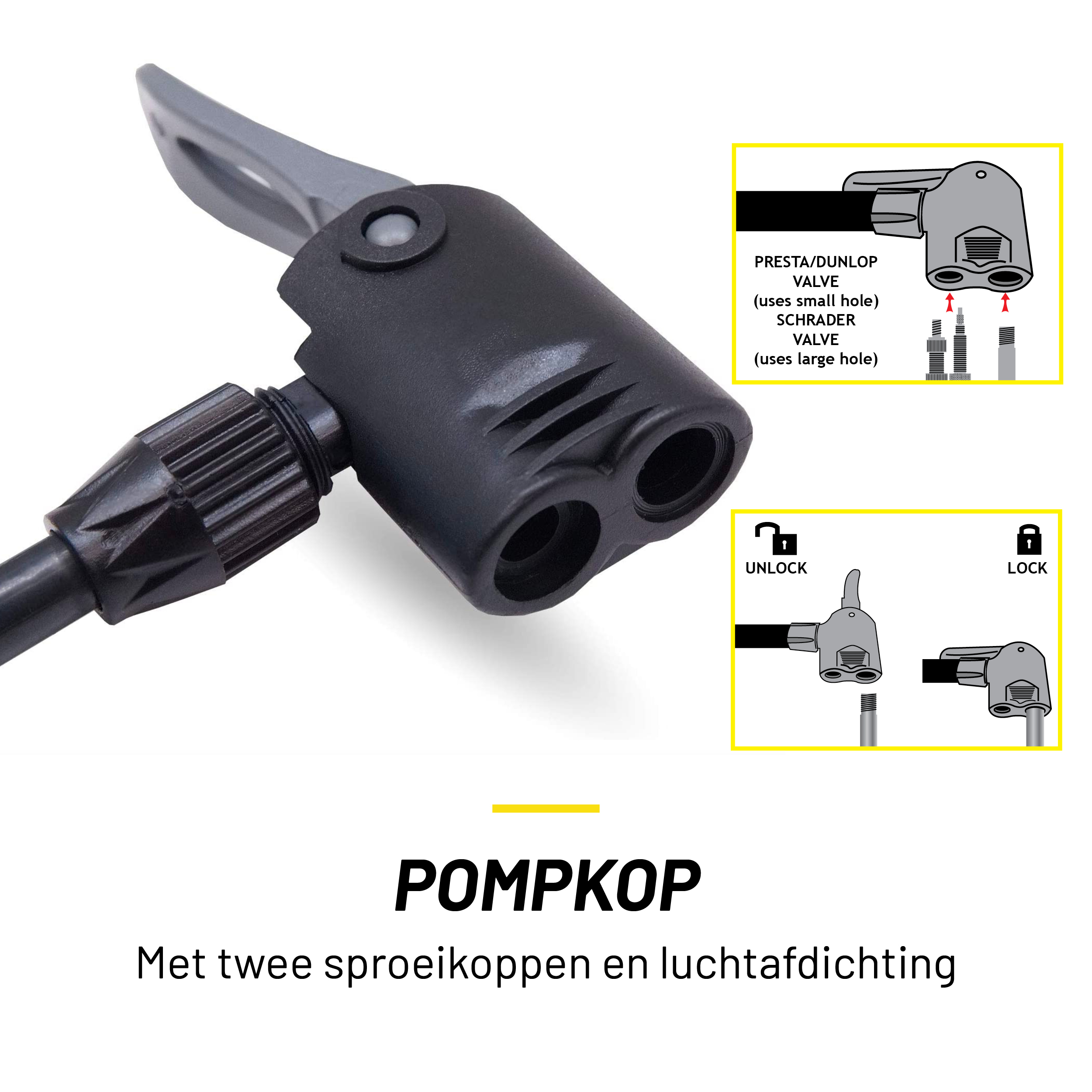 Eine schwarze Luftpumpe mit zwei Düsen. Es gibt Illustrationen, die Ventiltypen und die Pumpenfunktion zeigen.