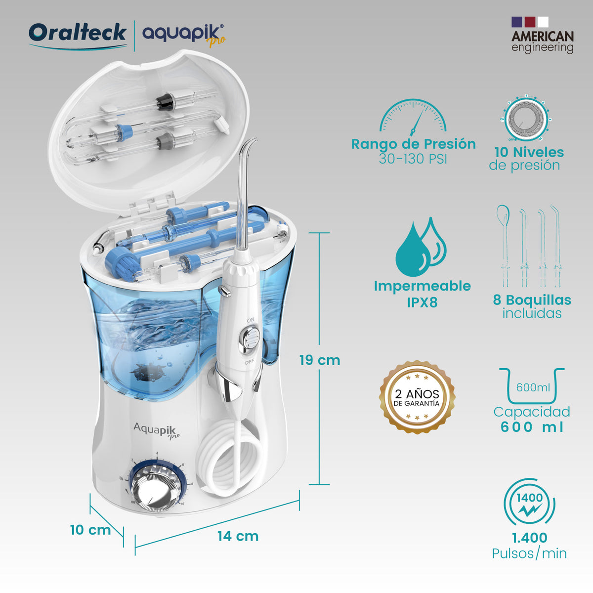 Irrigatore orale bianco e blu. Contiene un serbatoio dell'acqua, vari ugelli e informazioni sul prodotto.