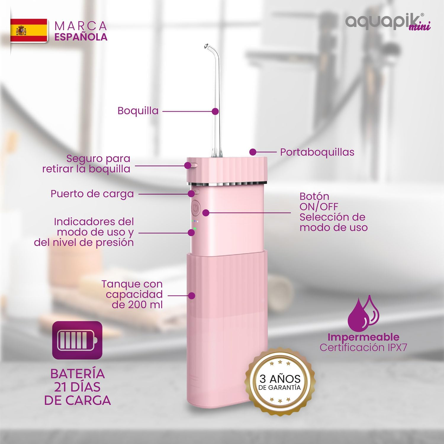 Un irrigador oral rosa con etiquetas, un tanque de 200 ml y un indicador de batería.
