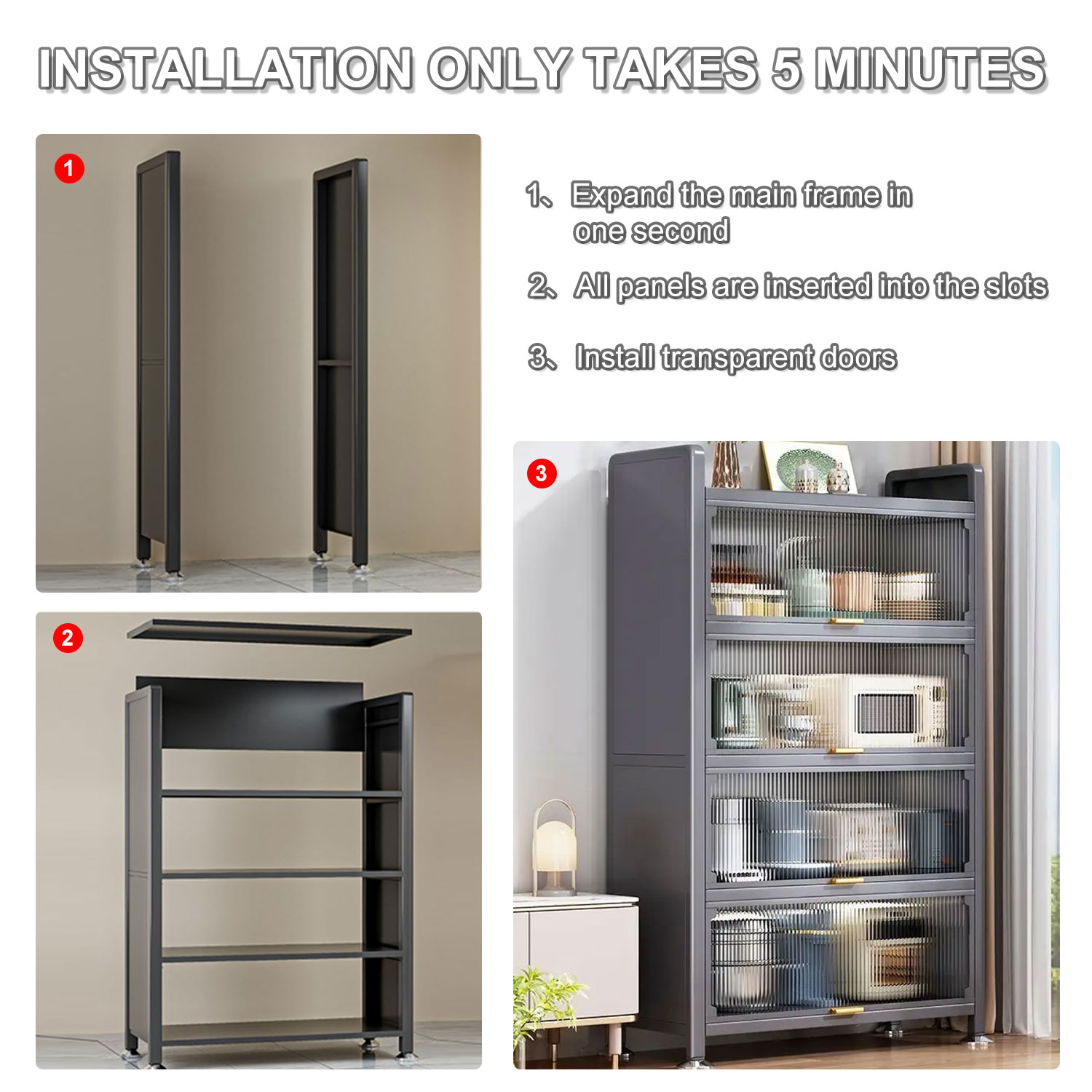 Montageschritte für einen Schrank. Der Schrank ist grau mit transparenten Türen und Regalen.