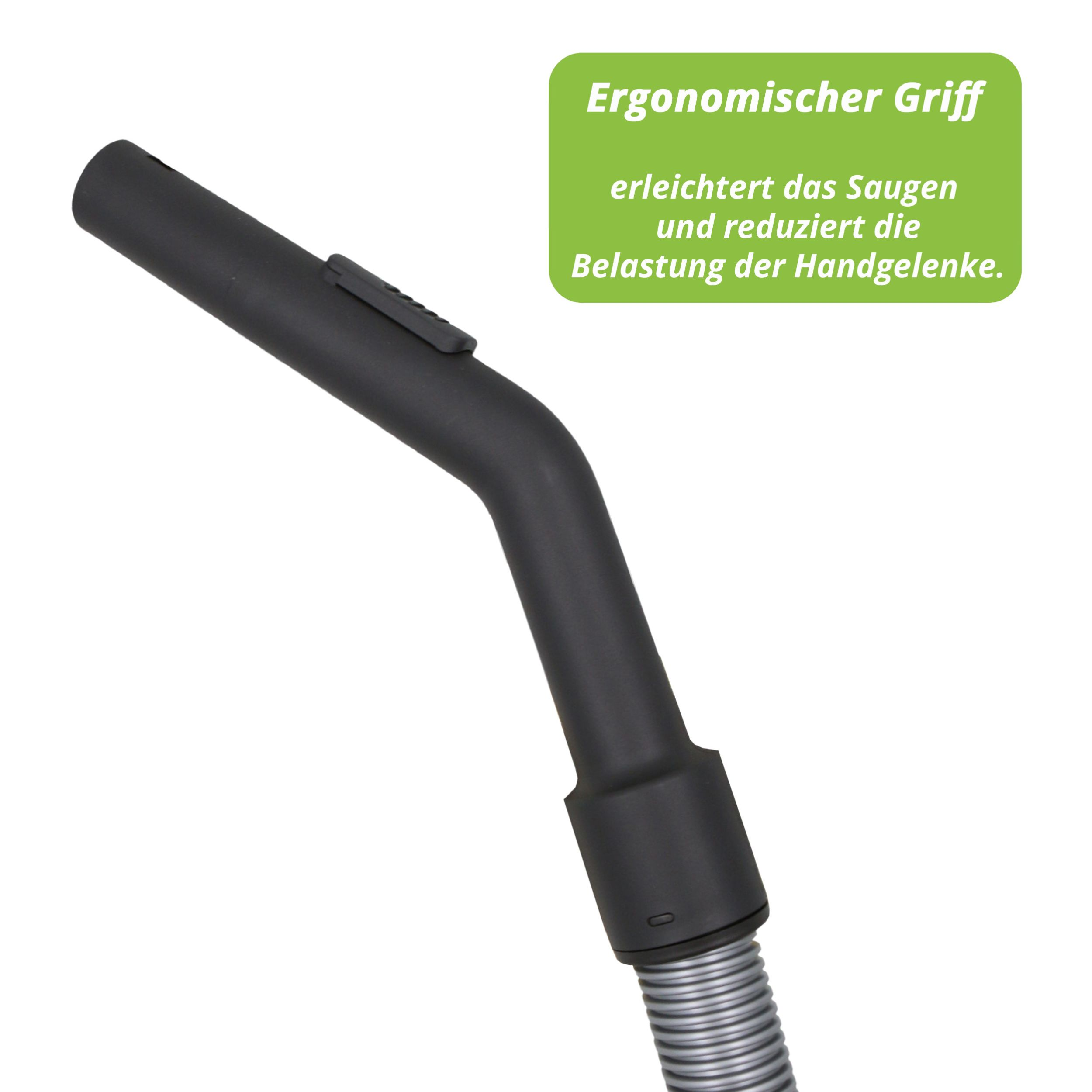 Ein schwarzer Staubsaugergriff mit einem grauen Schlauch auf weißem Hintergrund.