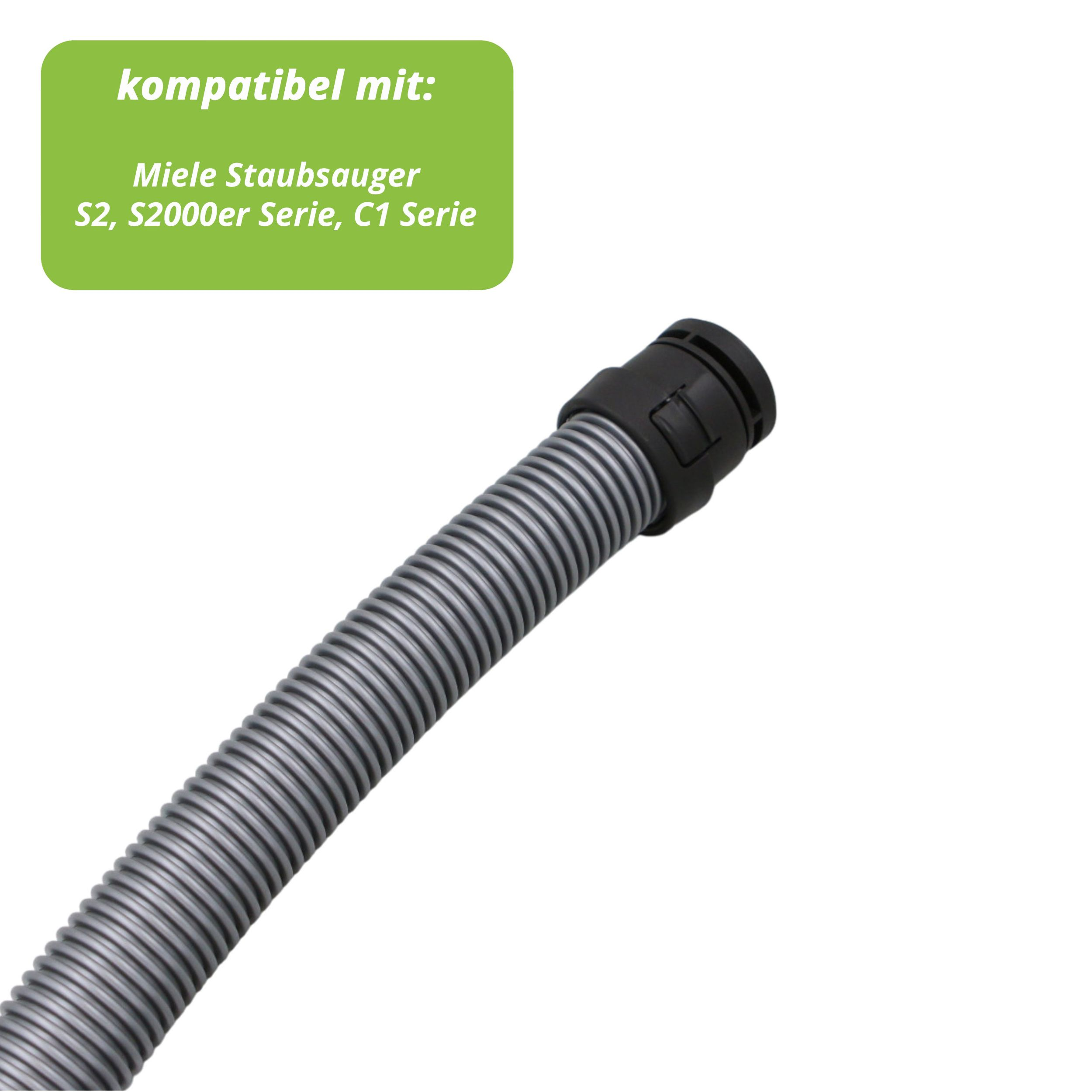 Grauer Staubsaugerschlauch. Text: 'kompatibel mit: Miele S2, S2000er Serie, C1 Serie'.