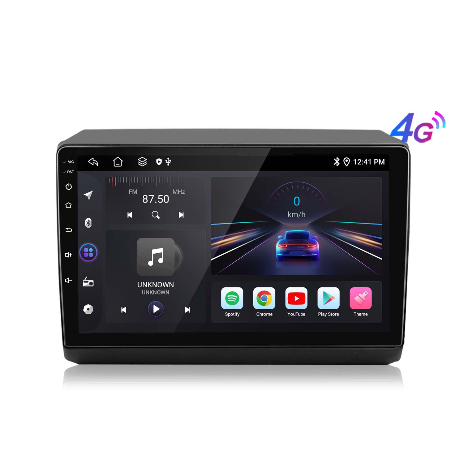 Autoradio con touchscreen. Visualizza musica, navigazione e informazioni sull'auto.