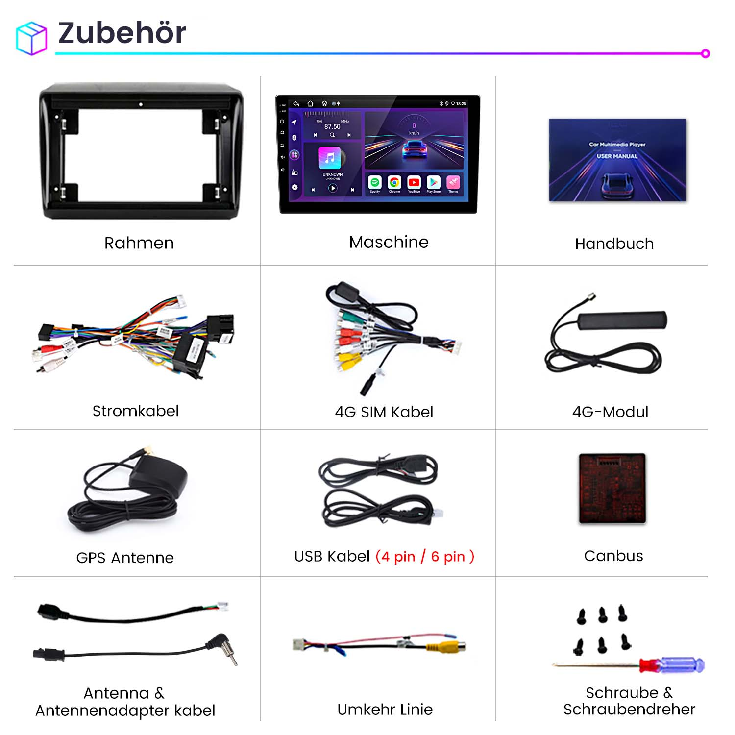 Vari accessori per sistemi multimediali per auto. Include cornici, cavi e un manuale.