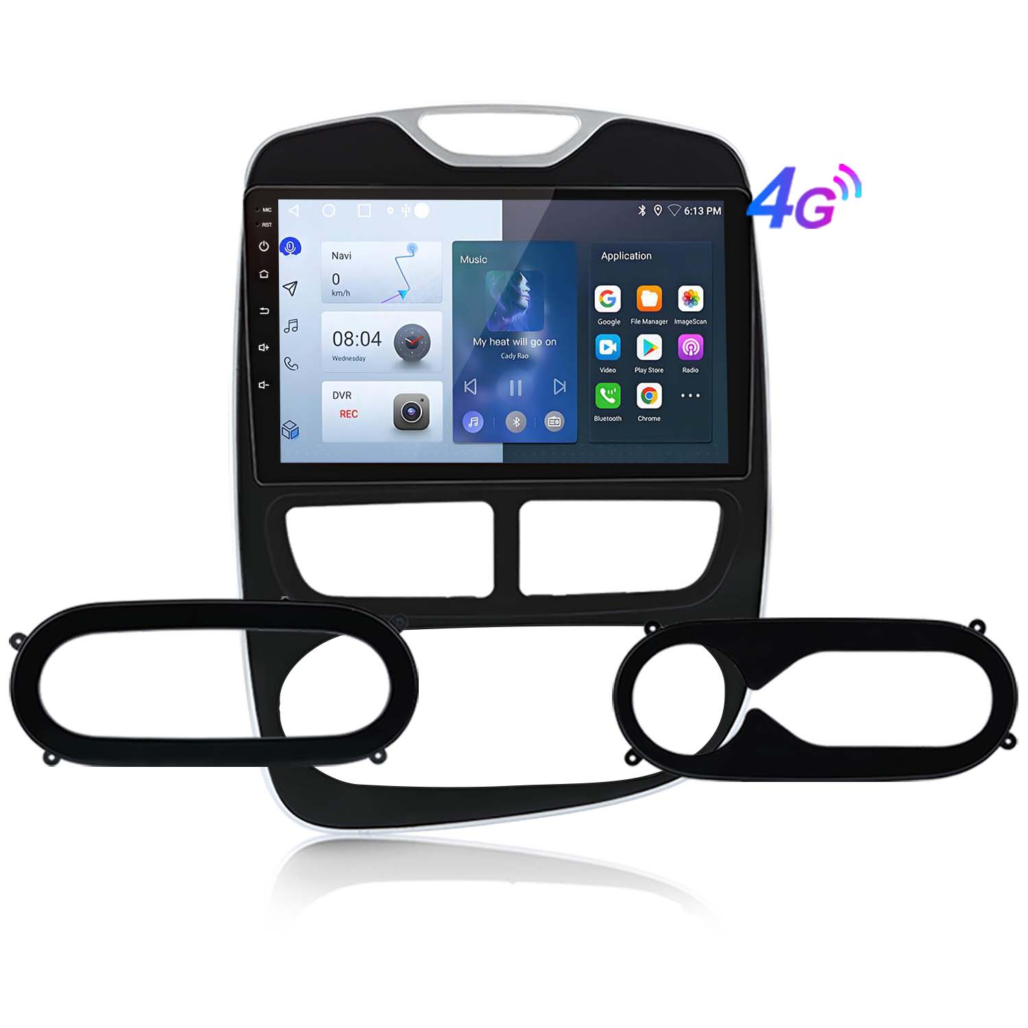 Display autoradio con navigazione e pulsanti applicazione, segnale 4G.