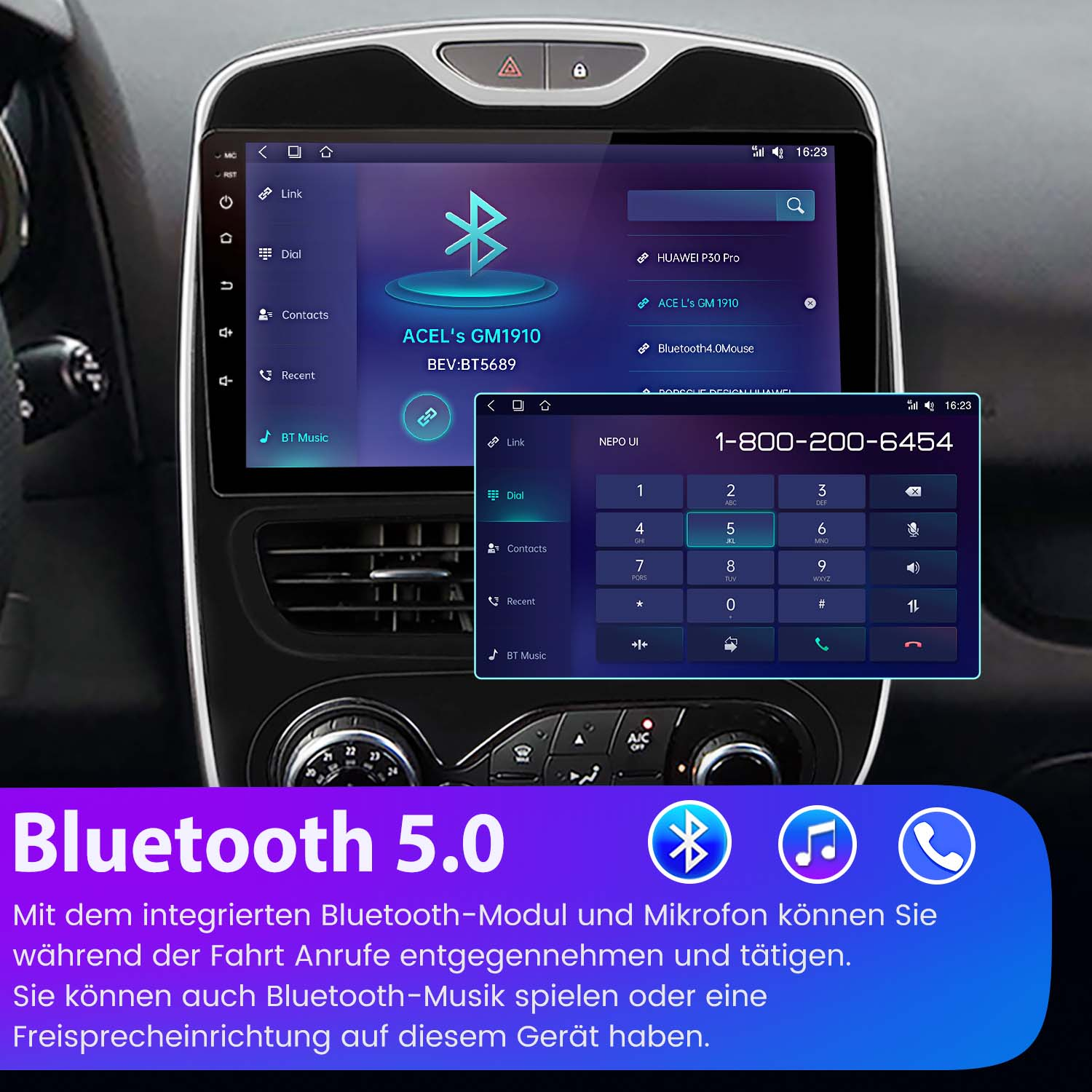 Cruscotto auto con schermo che mostra impostazioni Bluetooth e tastierino per la composizione.