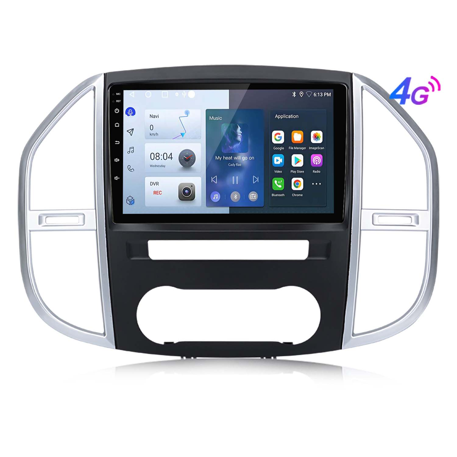 Schermo multimediale per auto. Mostra la navigazione e la musica. Lo schermo ha un'icona 4G.