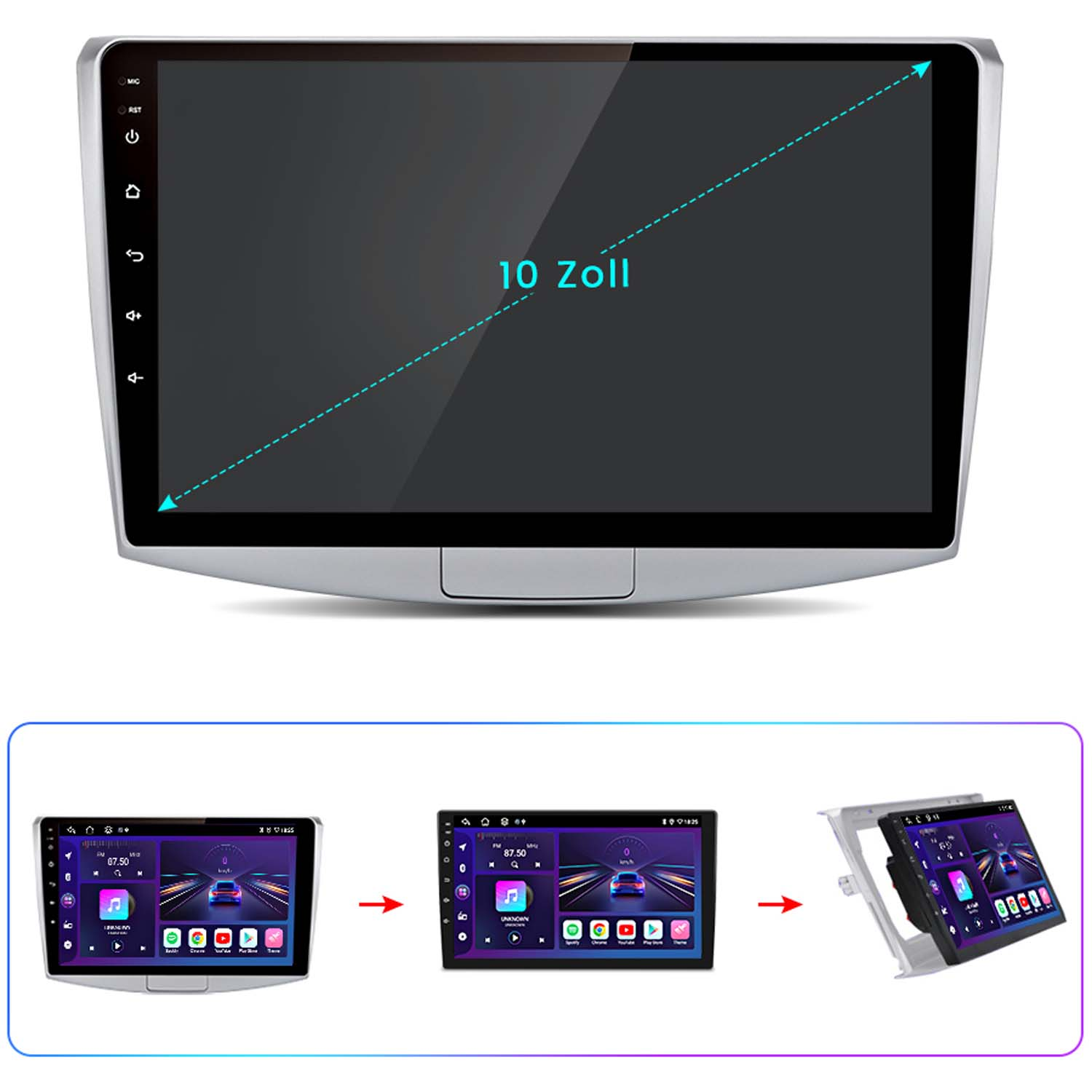 Uno schermo stereo per auto da 10 pollici con più viste e passaggi di installazione, che mostra un interno auto.