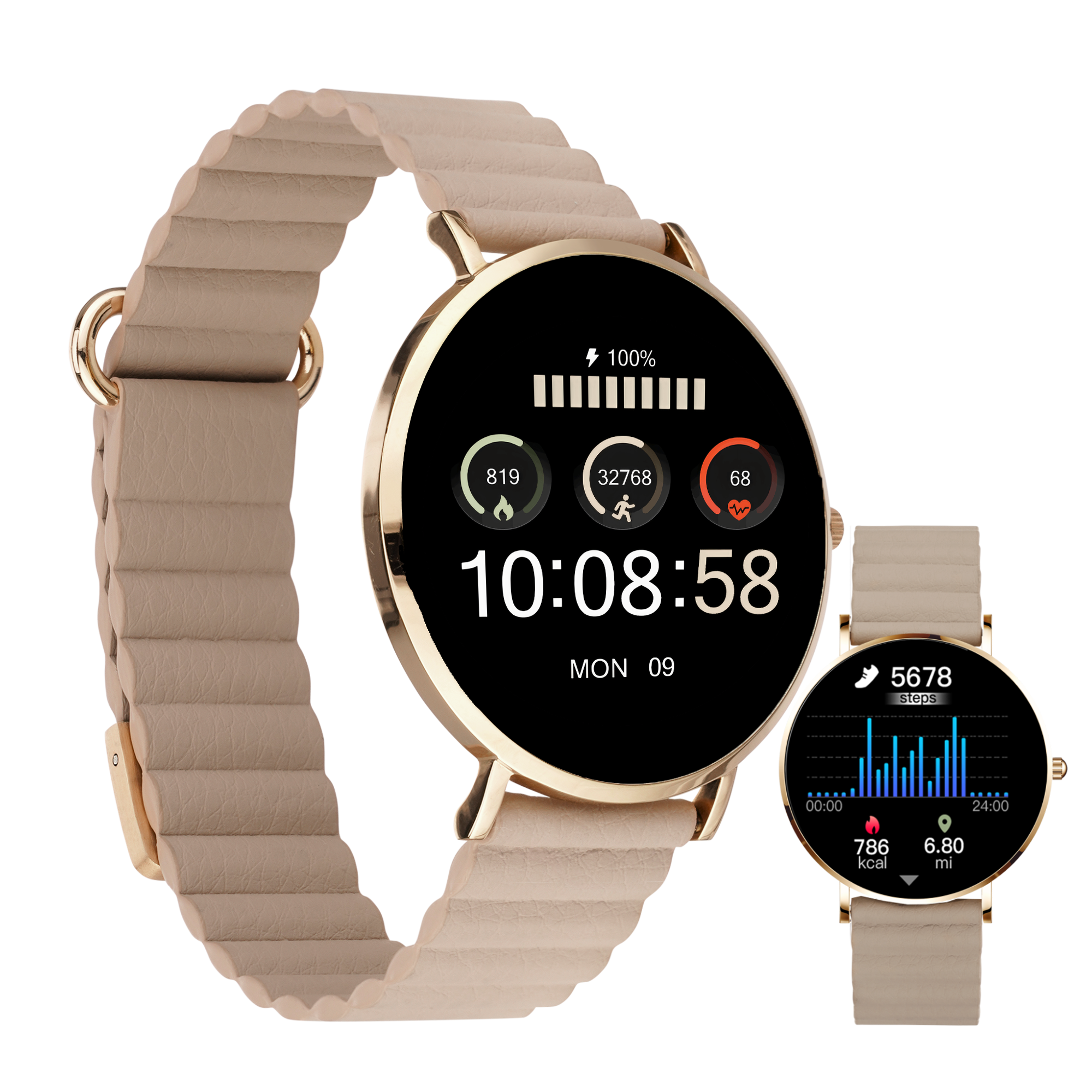 Eine goldene Smartwatch mit beigem Armband. Eine kleinere Uhr zeigt Fitnessdaten wie Zeit und Schritte.
