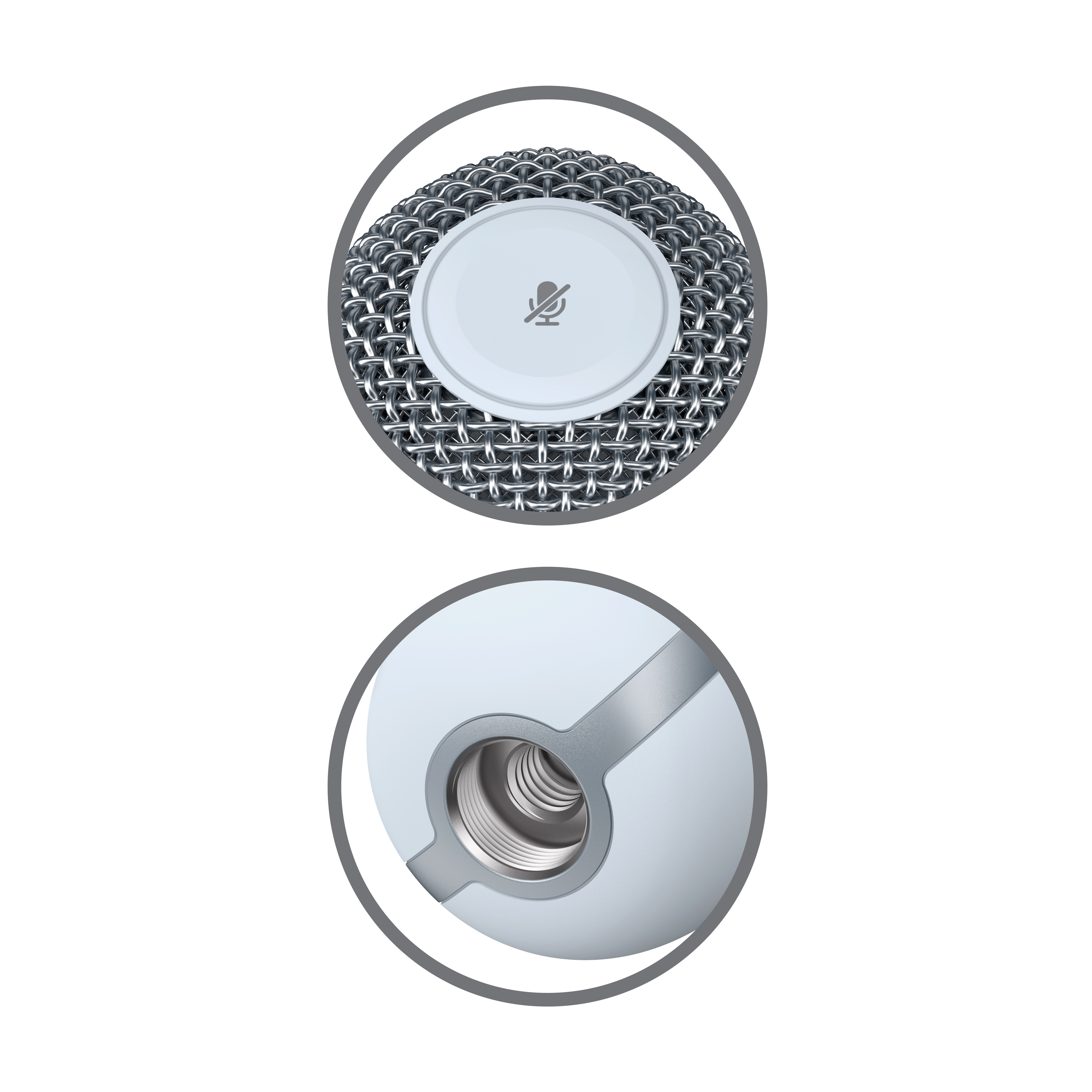 Primer plano de un micrófono: vista superior de la rejilla e inferior de la base con conector.