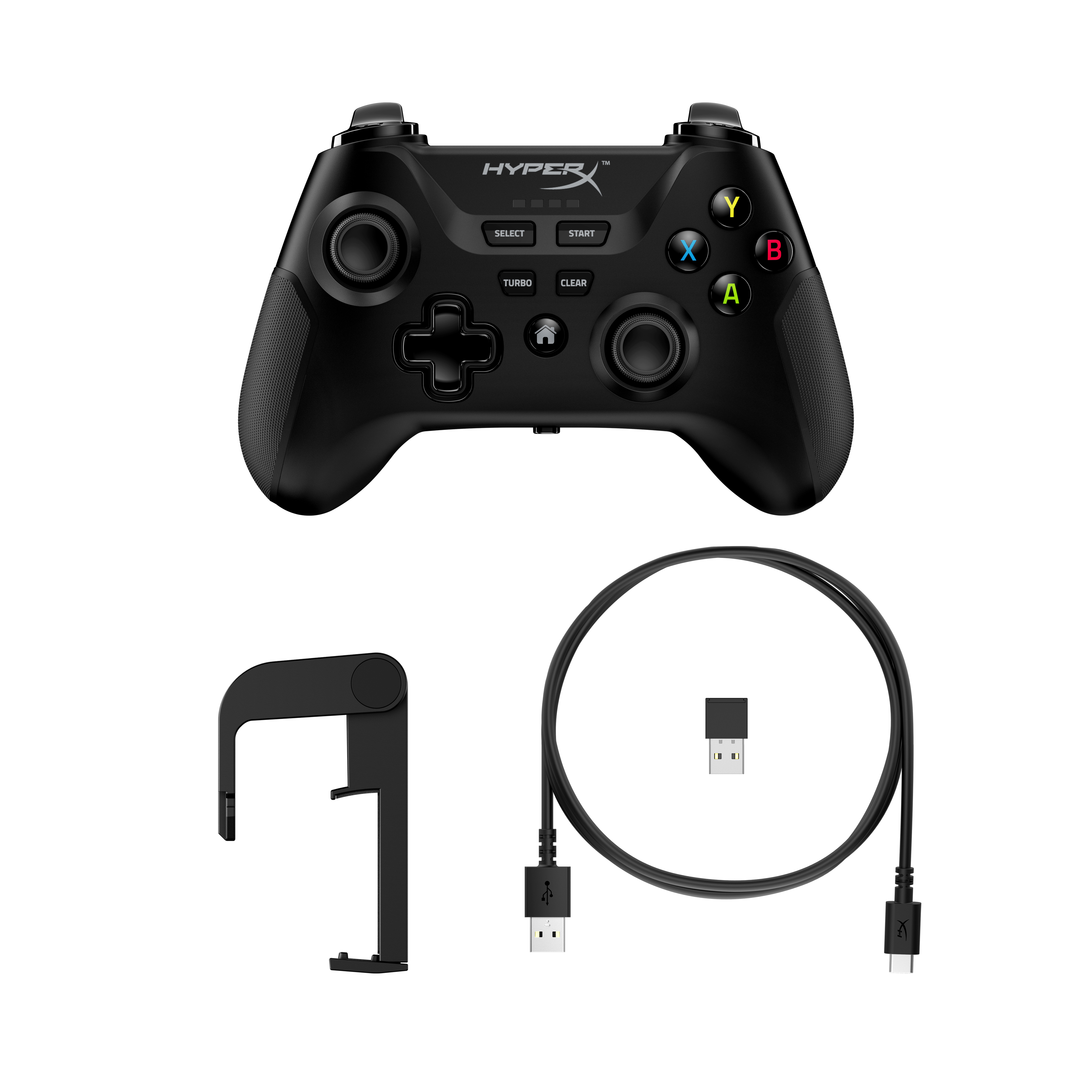 Zwarte HyperX gaming controller met oplaadkabel en telefoonhouder.