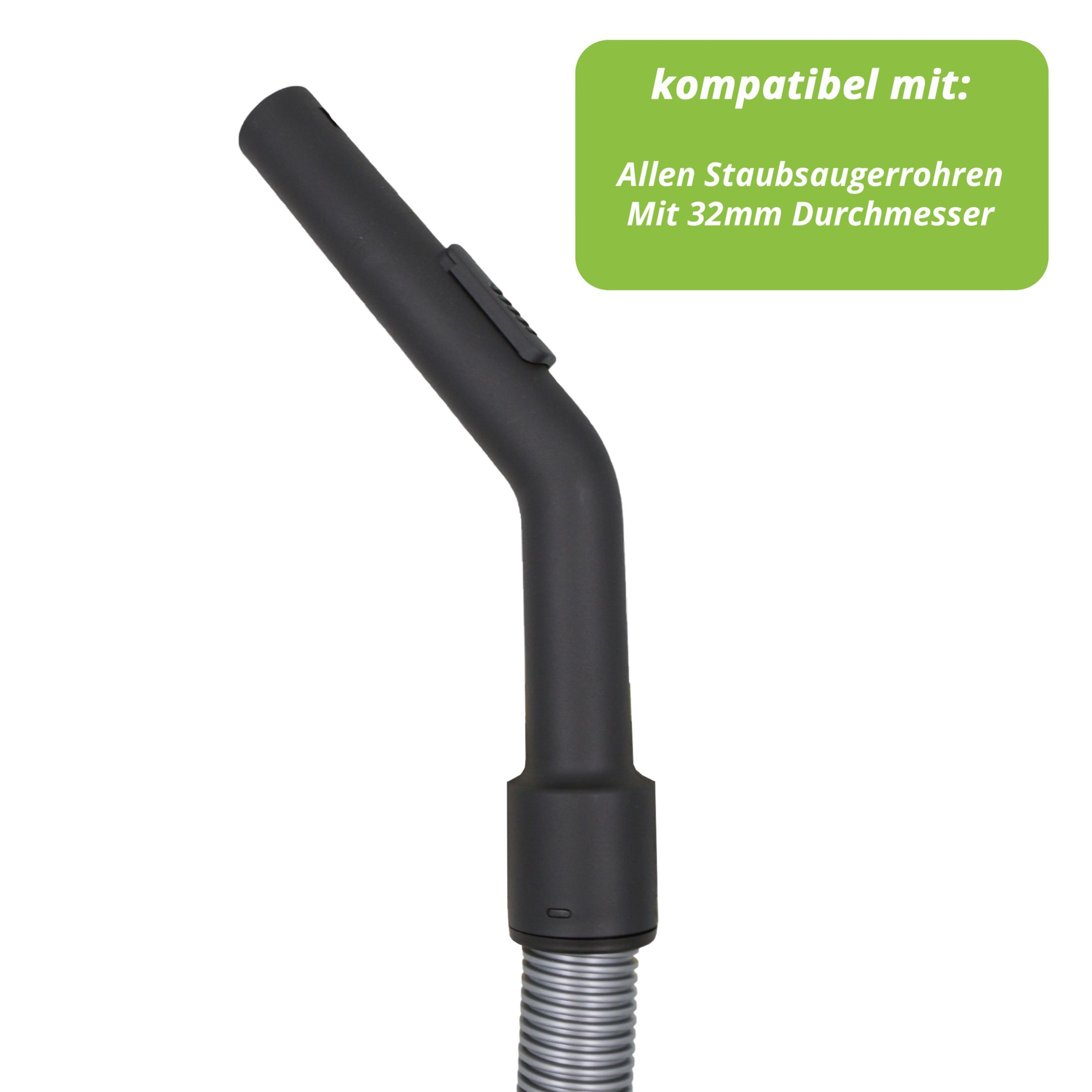 Ein schwarzer Staubsaugeraufsatz mit gebogener Düse, kompatibel mit 32mm Rohrdurchmessern.
