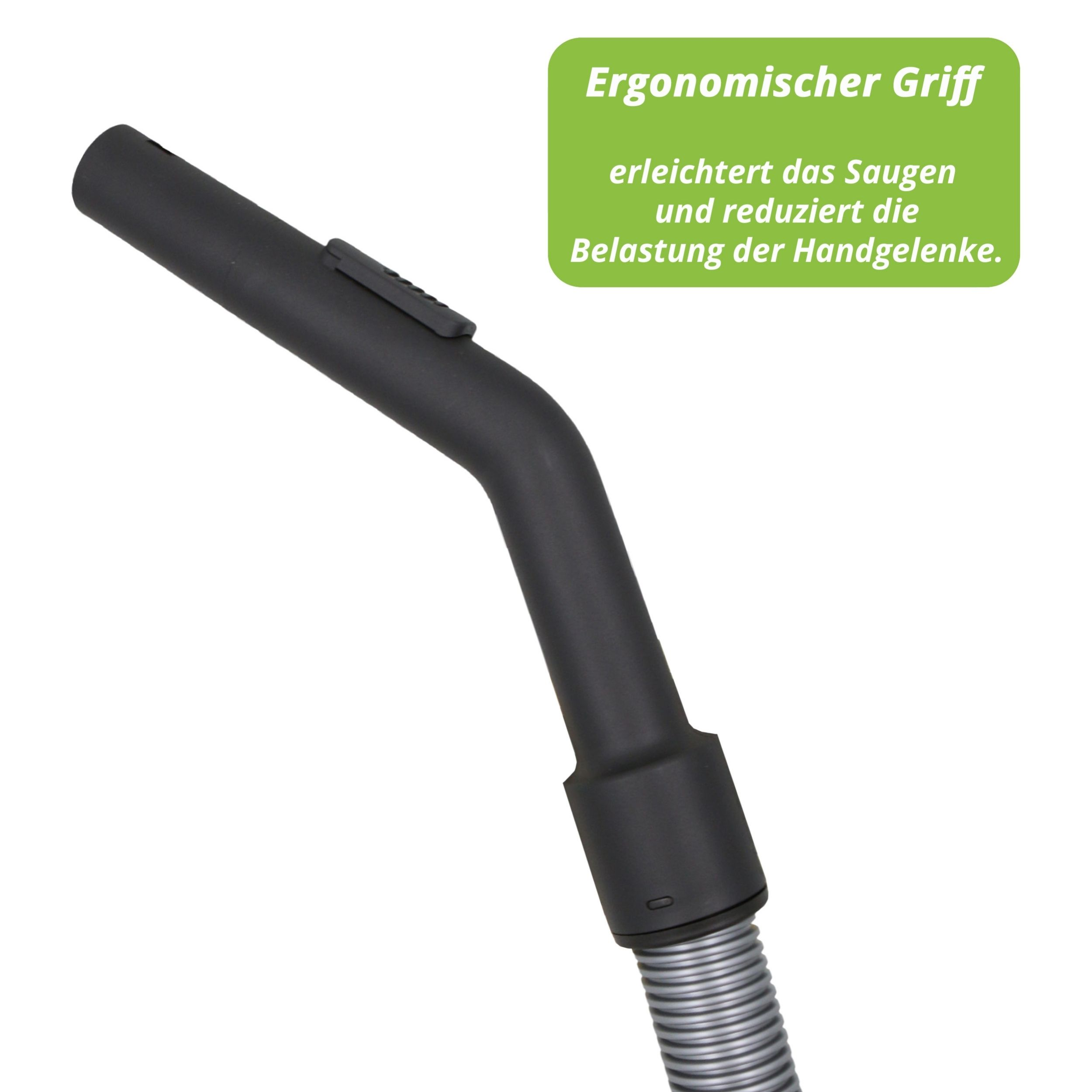 Schwarzer Staubsaugergriff mit ergonomischem Design. Text auf dem Griff.