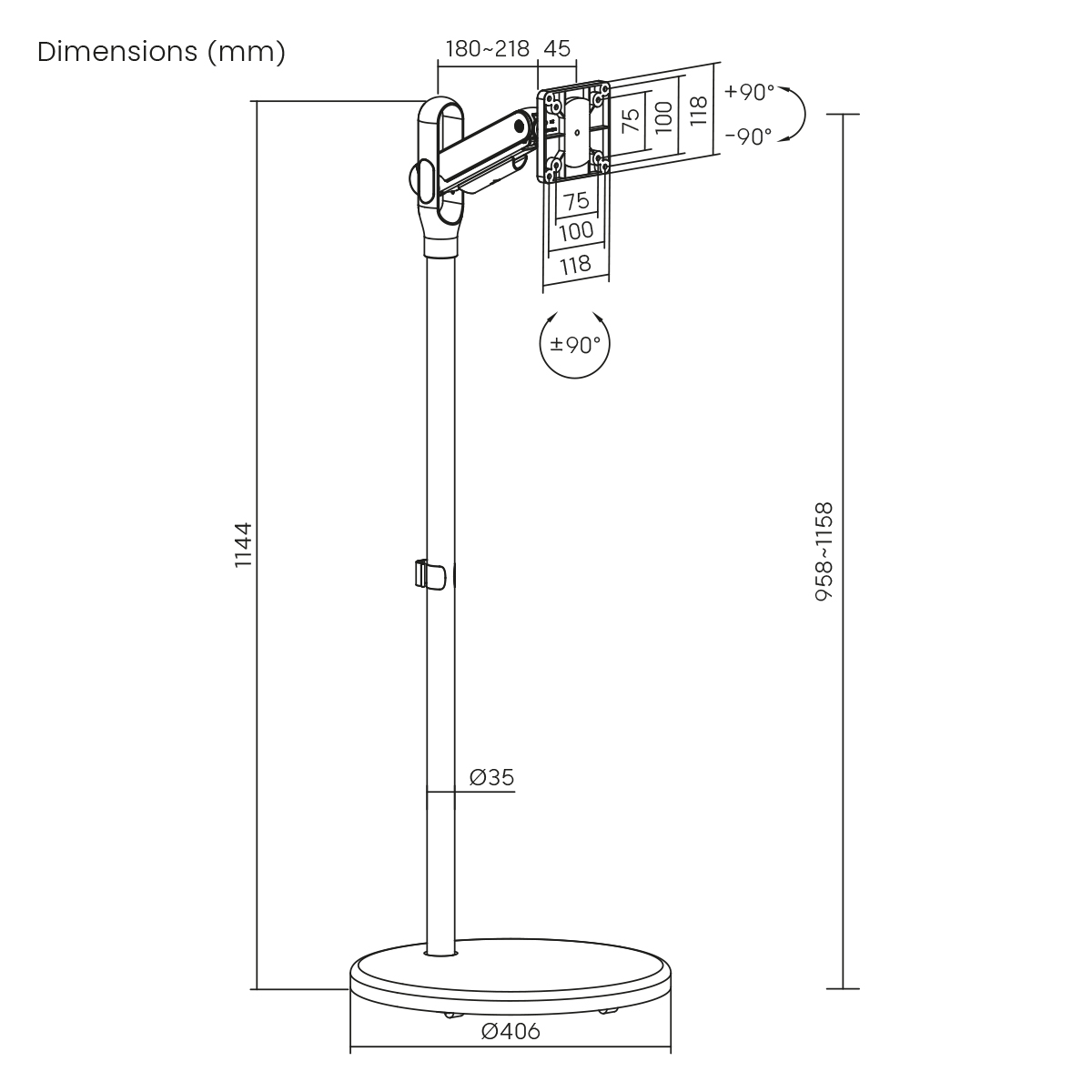 Diagramm eines Monitorständers mit Maßen und Beschriftungen auf Weiß.