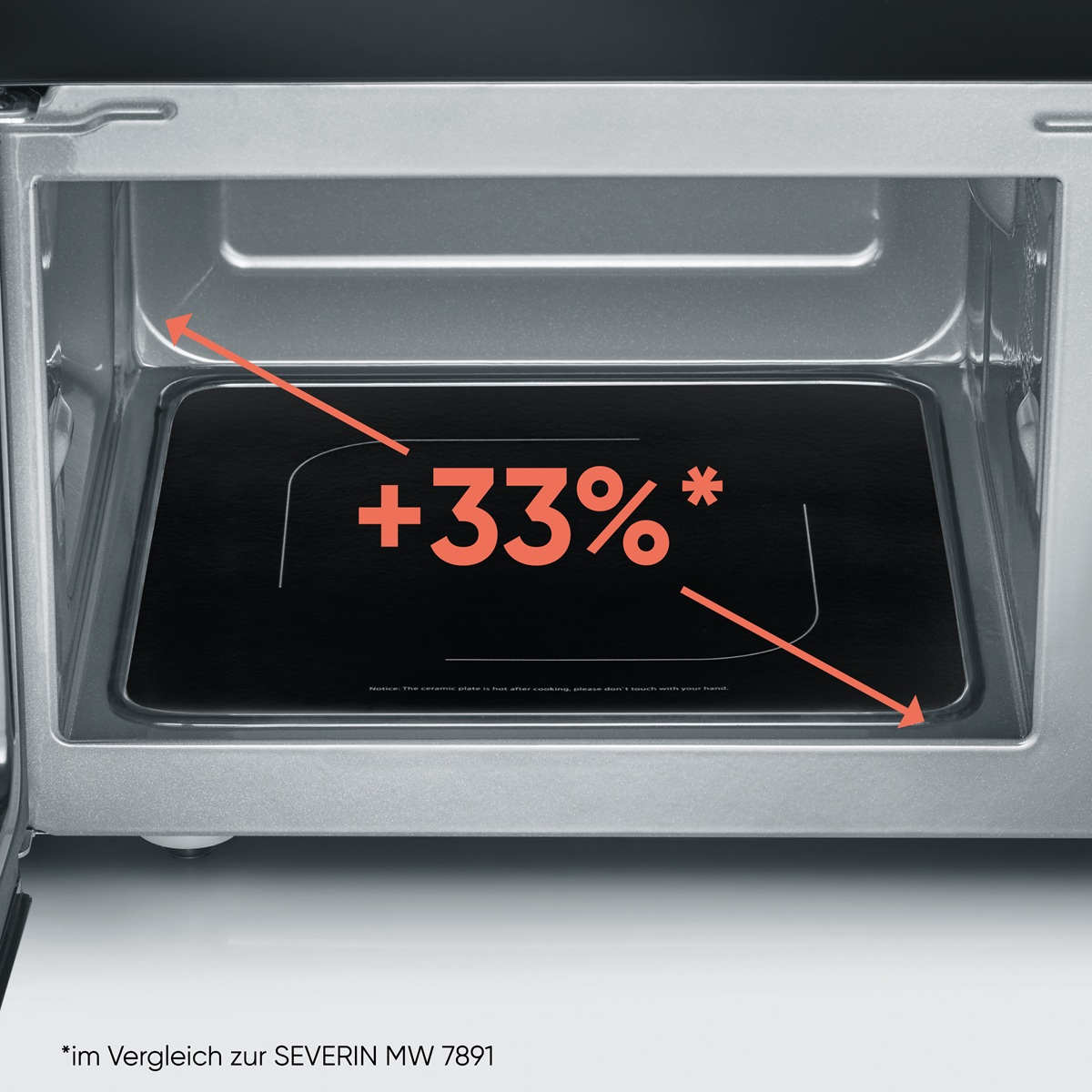 Wewnątrz kuchenki mikrofalowej. Czarny talerz i tekst z procentem są widoczne.
