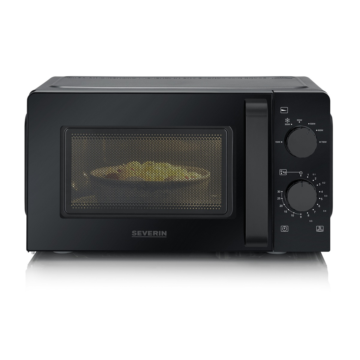 Czarna kuchenka mikrofalowa SEVERIN ze szklanymi drzwiami i panelem sterowania.