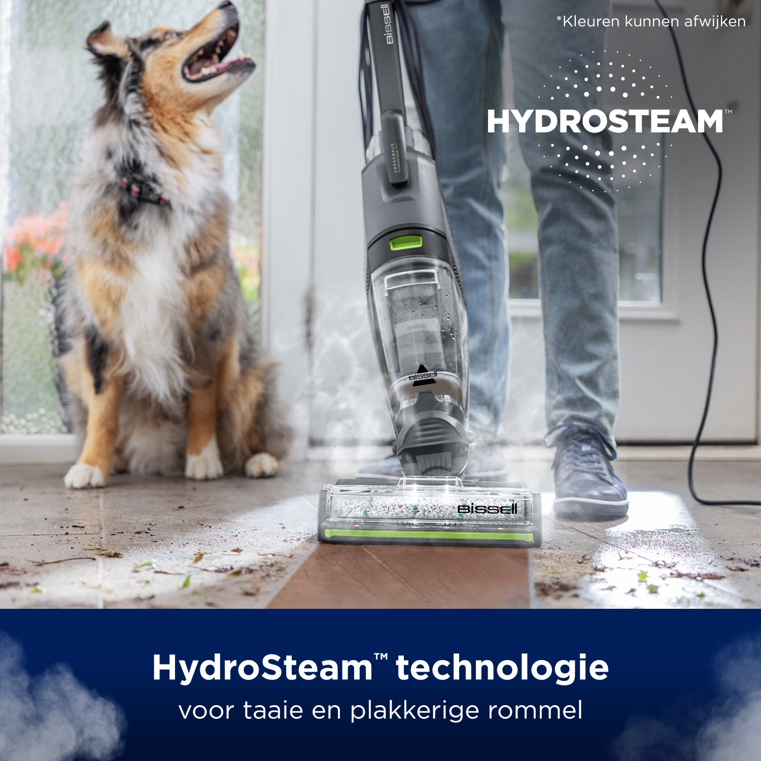 Pies obserwuje, jak osoba odkurza podłogę odkurzaczem Bissell HydroSteam.