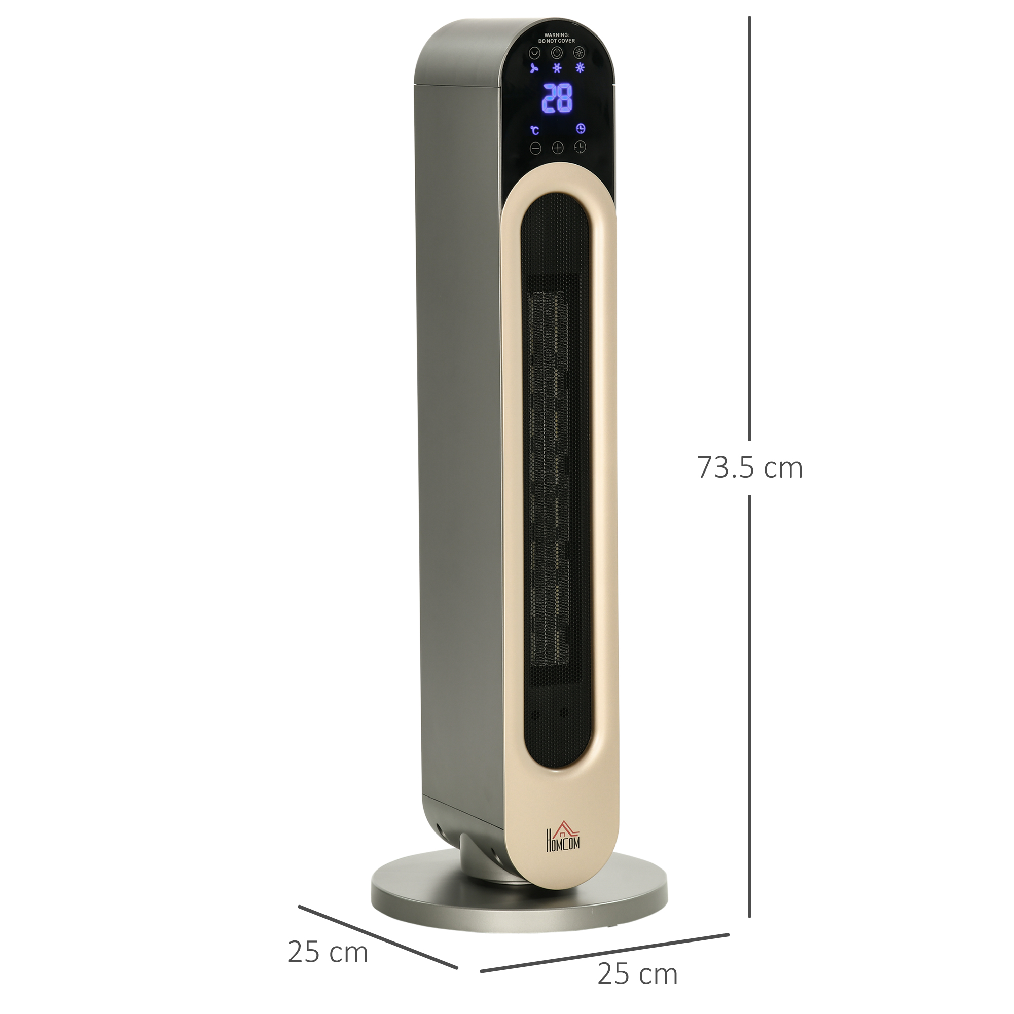 Termoventilatore a torre alto, argento e oro. Dimensioni: 25x25x73,5 cm. Display digitale.