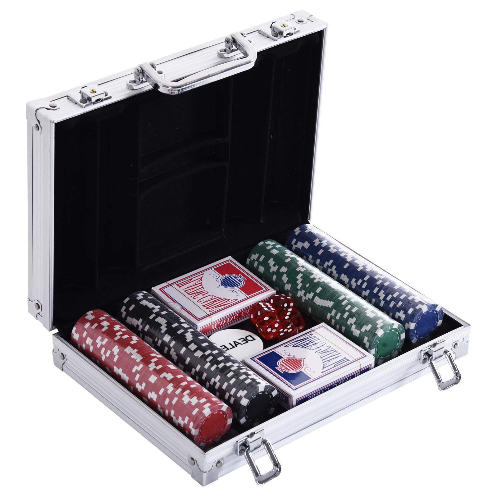 Una valigetta d'argento per set da poker aperta, che rivela fiches, carte e dadi.
