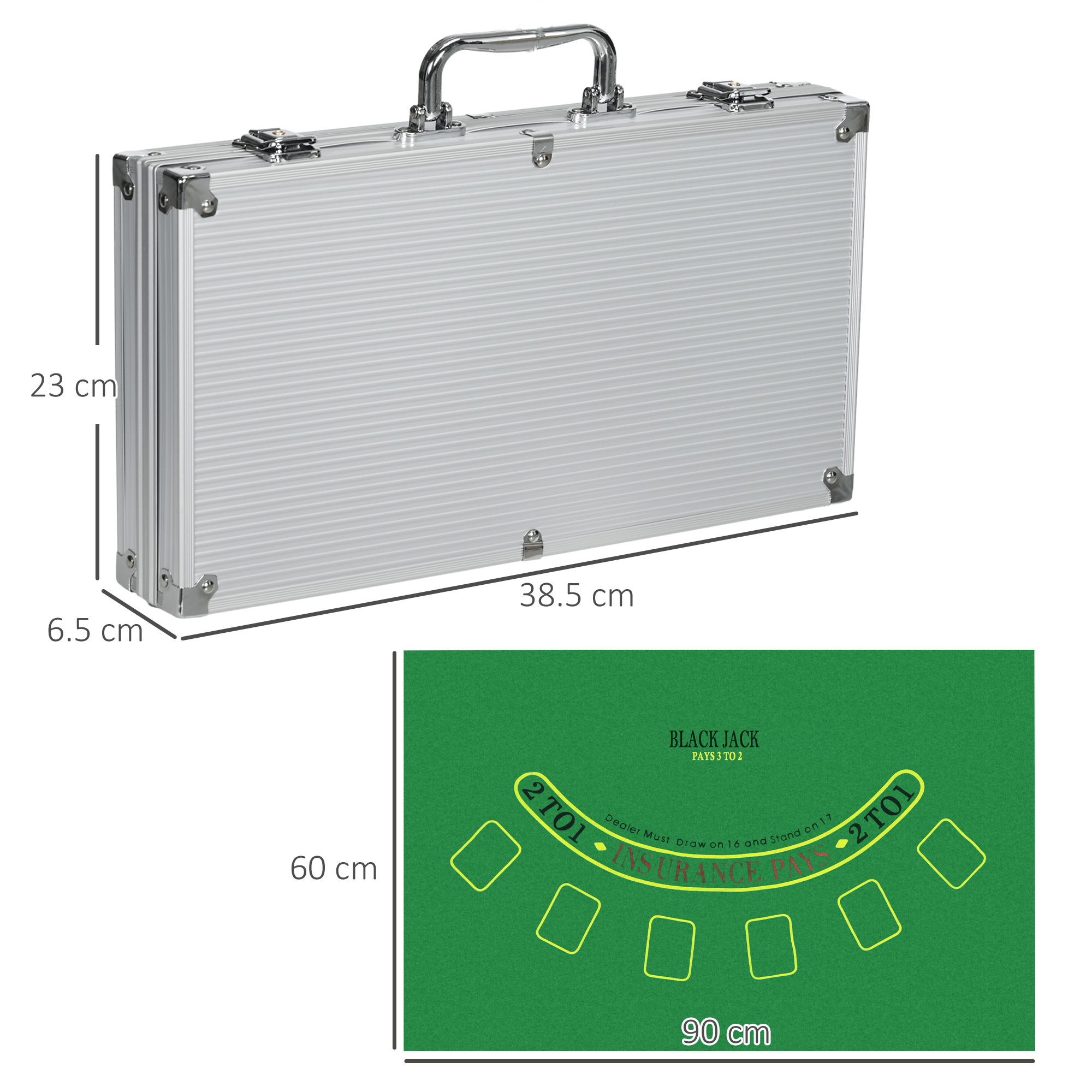 Valigetta in alluminio argentato con dimensioni. Tappetino da gioco blackjack con feltro verde.