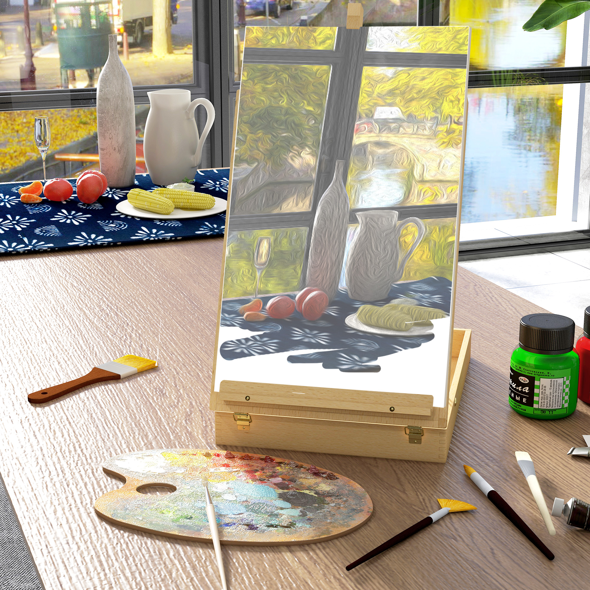 Mesa de artista con caballete, naturaleza muerta, paleta de pintura, pinceles y vista de ventana.