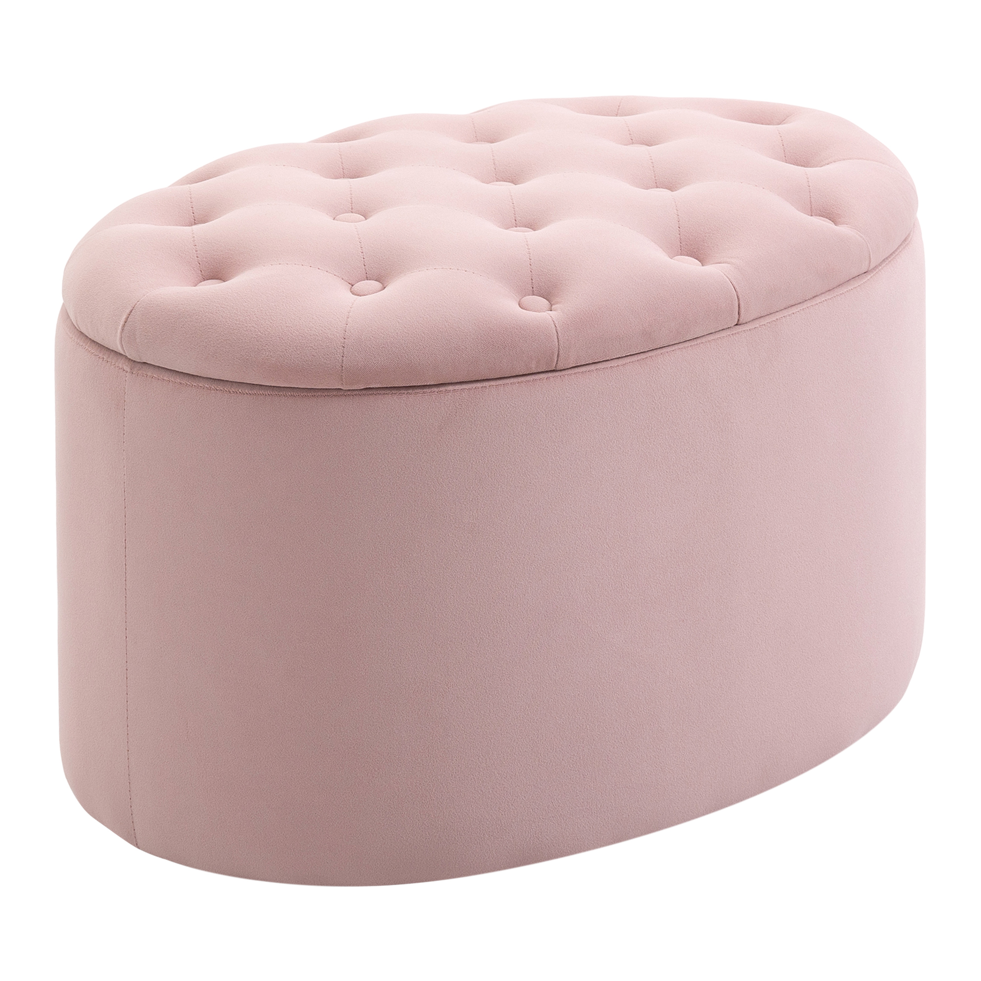 Un pouf ovale rosa con bottoni sulla parte superiore. Ha una base arrotondata.