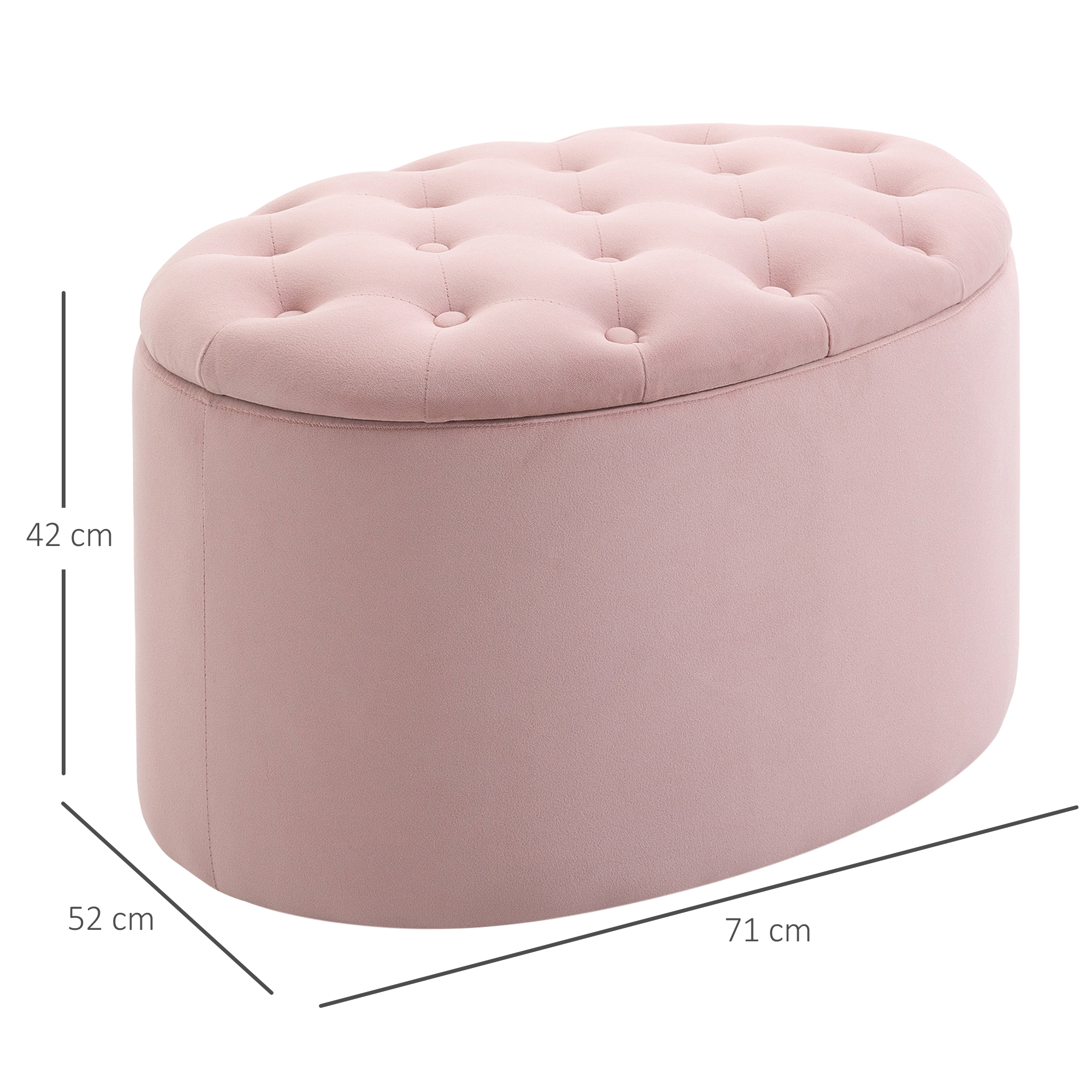 Un pouf ovale rosa con la parte superiore trapuntata. Dimensioni: 42 cm di altezza, 52 cm di larghezza, 71 cm di lunghezza.