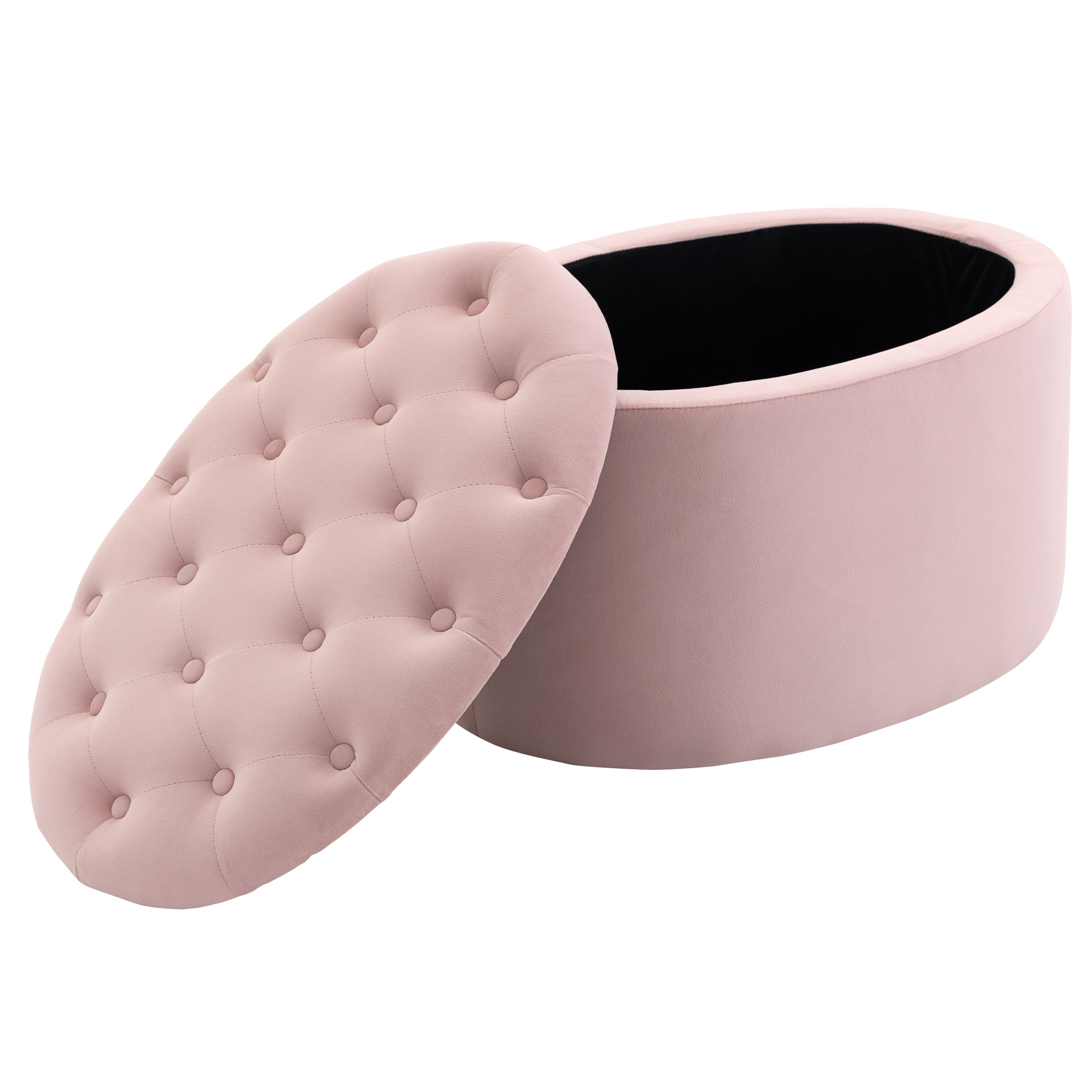 Pouf contenitore in velluto rosa con bottoni. Coperchio aperto, interno scuro.